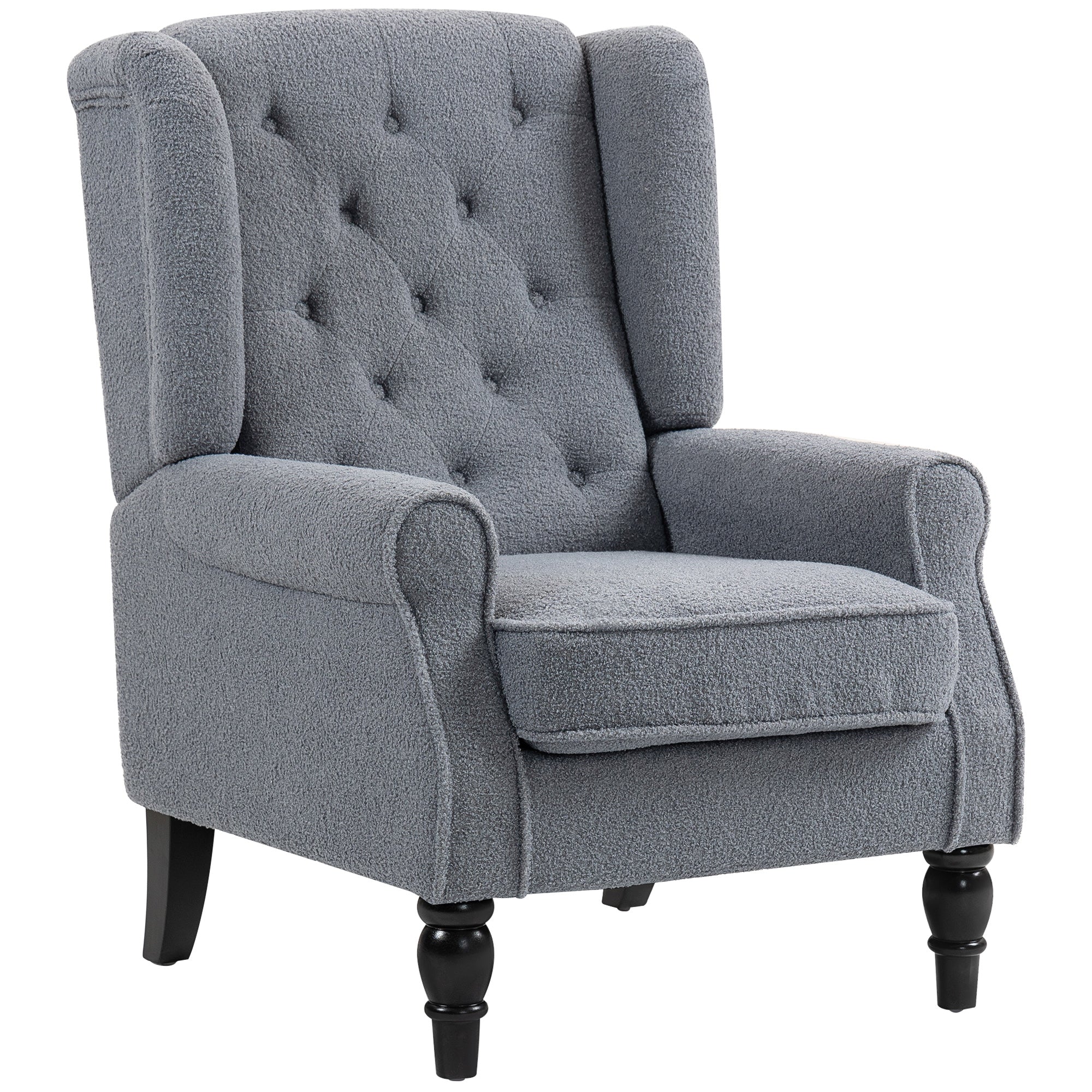 Mid Century Arm Chair for Living Room, Teddy Fleece Wingback Armchair with Wood Frame Button Tufted Design, Grey