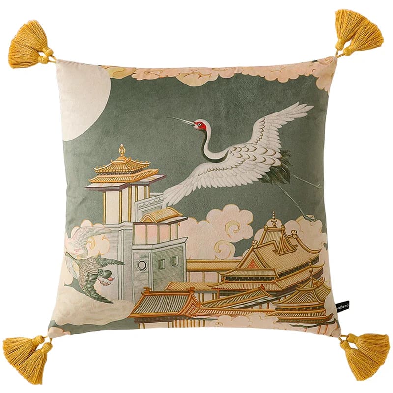 Exquisite Crane & Pagoda Dreamscape Cushion Cover