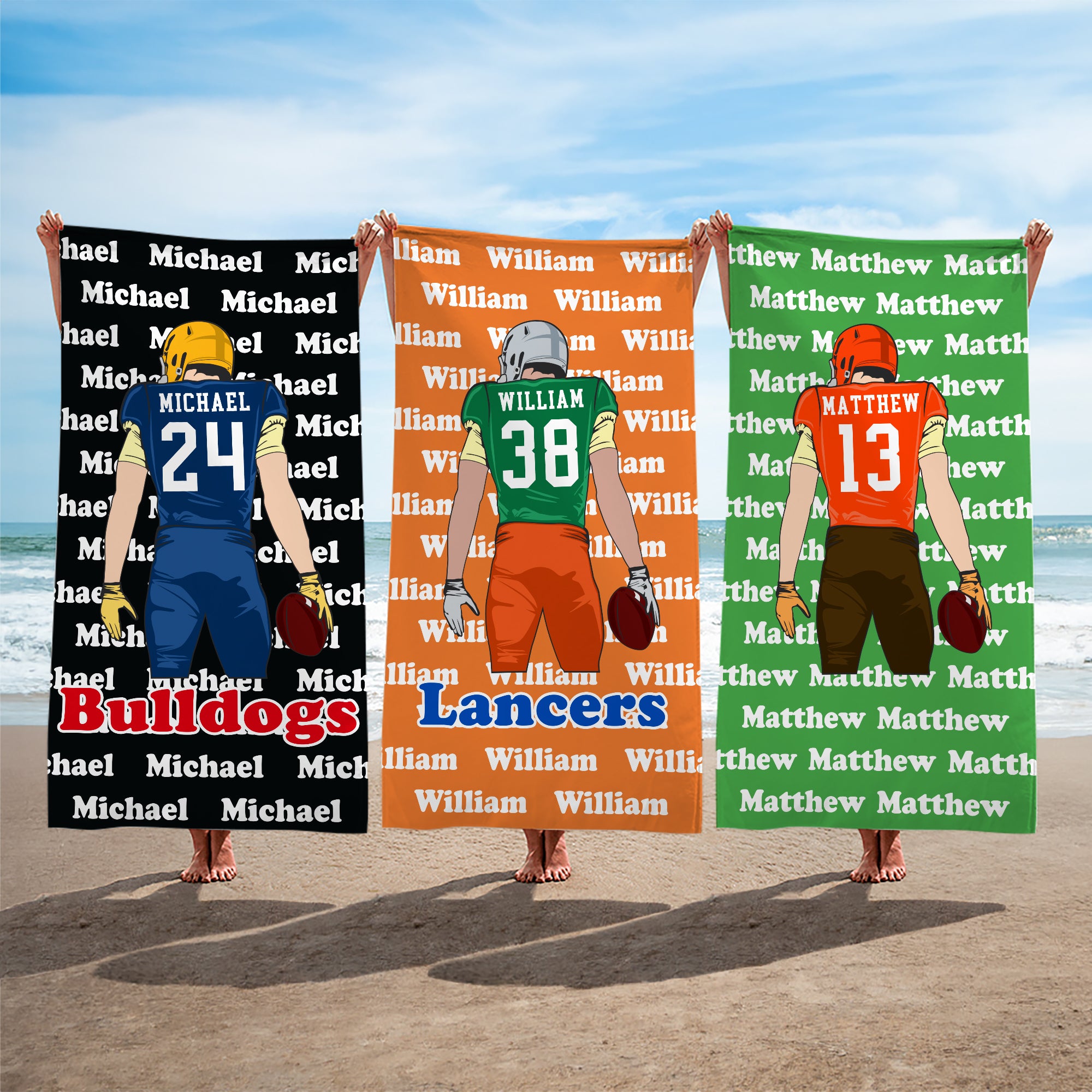 Toalla de playa de gran tamaño y secado rápido personalizada con el nombre de un jugador de fútbol de dibujos animados Regalo esencial para los amantes de los deportes de verano