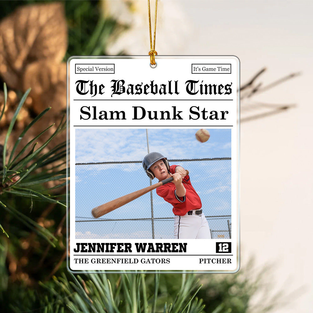 Adorno acrílico personalizado con foto y texto de The Sport Times Newspaper Decoración del árbol de Navidad Regalo de cumpleaños para los amantes del deporte