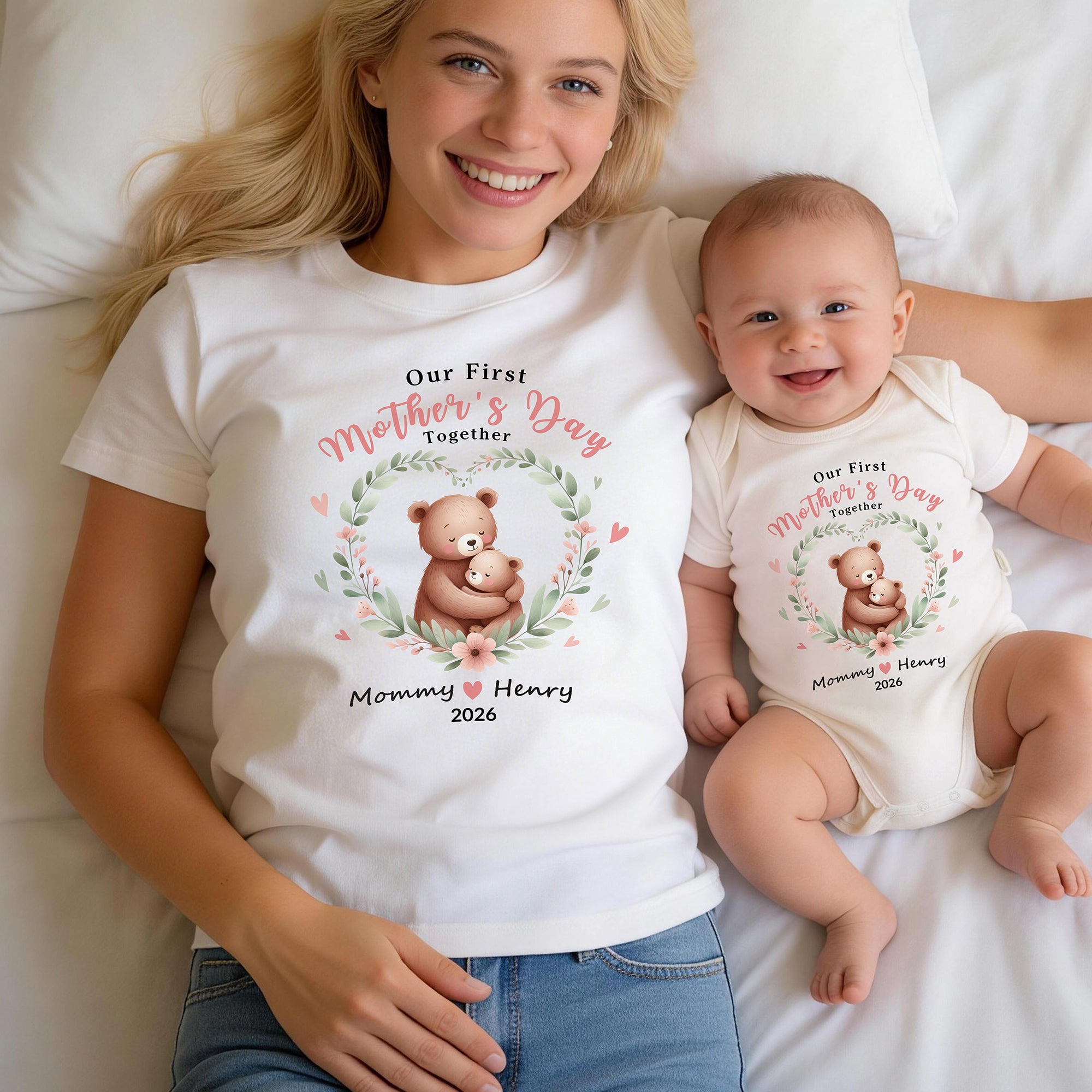 De Mis Brazos a Mi Corazón - Camiseta Personalizada Mamá Bebé Animal Corazón Floral Conjunto a Juego Primer Regalo Día de la Madre