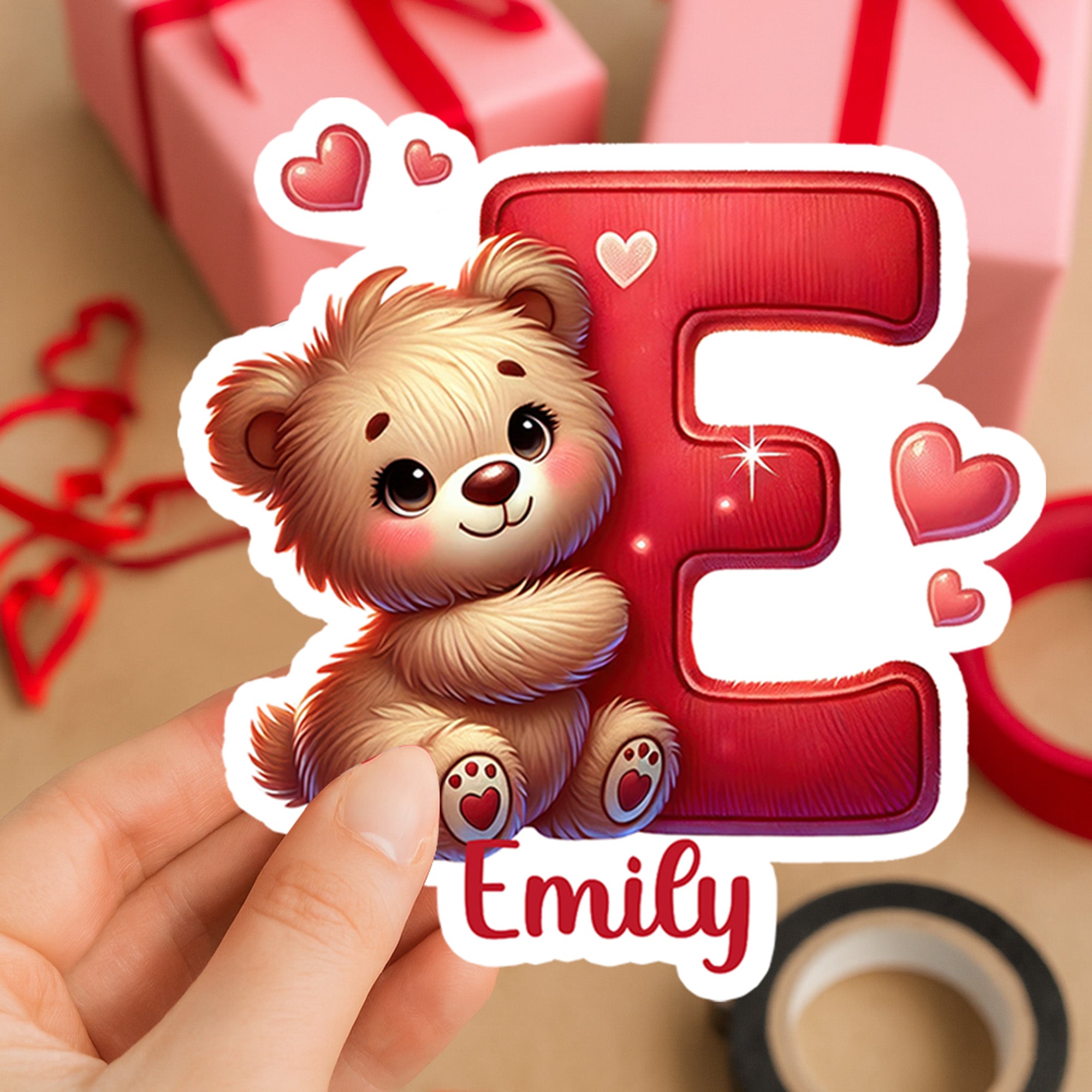 Corazón personalizado lindo oso de dibujos animados iniciales impermeable etiquetas engomadas con nombre Día de San Valentín cumpleaños regalo para los niños