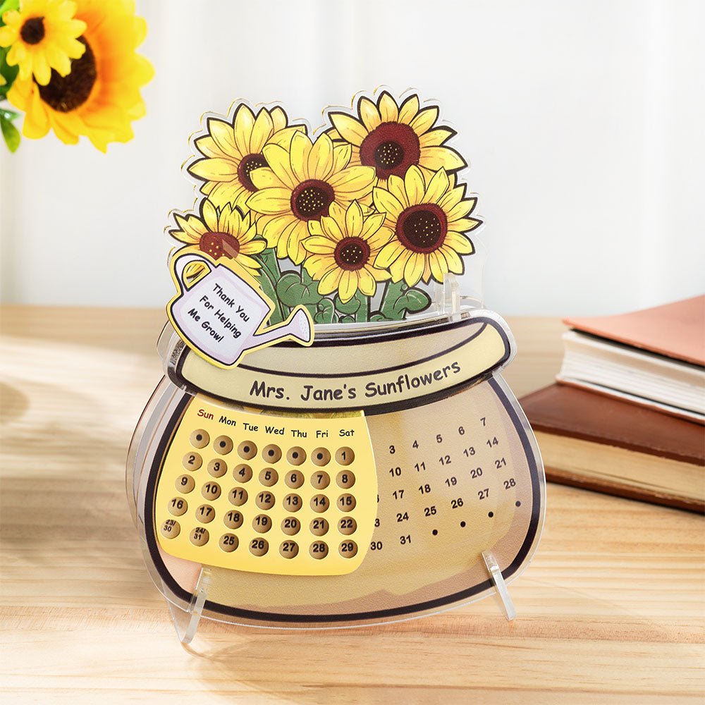Personalizado Girasol Cactus Narciso Maceta Calendario Perpetuo Acrílico Adorno con Textos Decoración de Escritorio Regalo del Día del Maestro para Profesores Educadores