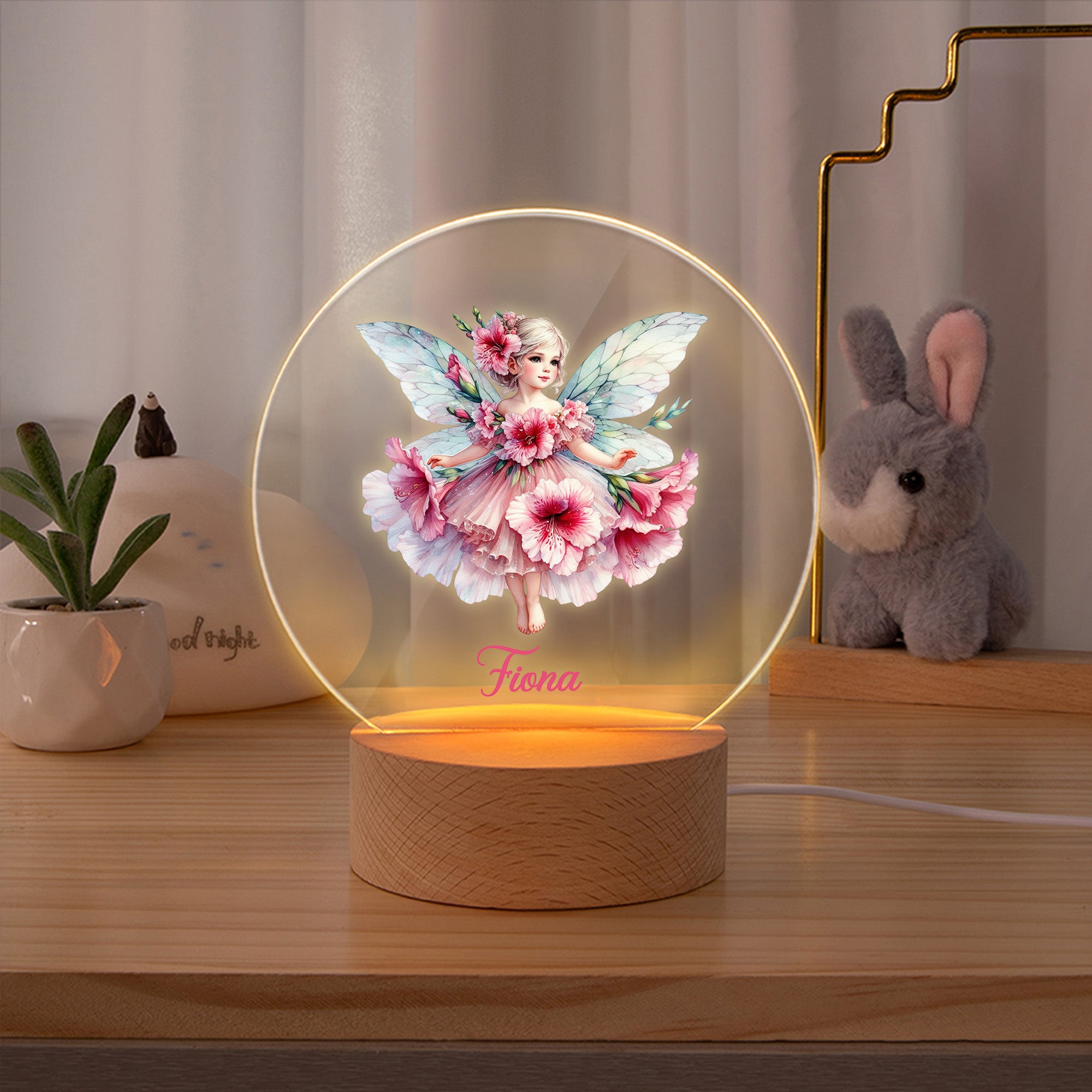 Luz de Noche Acrílica Personalizada con Nombre y Base de Madera Decoración de Habitación Regalo de Cumpleaños para Niñas