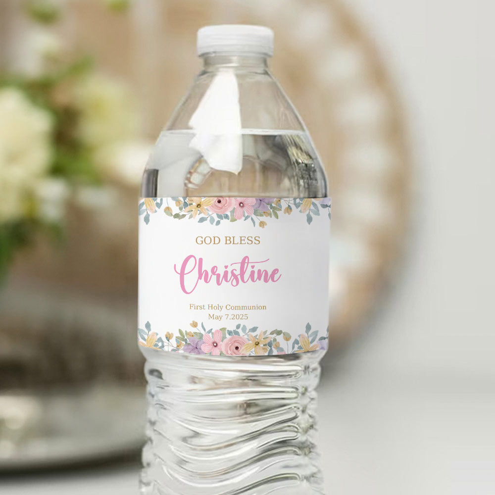 Personalizada Floral Dios Bendiga a prueba de agua Botella Etiqueta Adhesiva con Nombre y Fecha Primera Comunión Iglesia Decoración de la boda para los cristianos