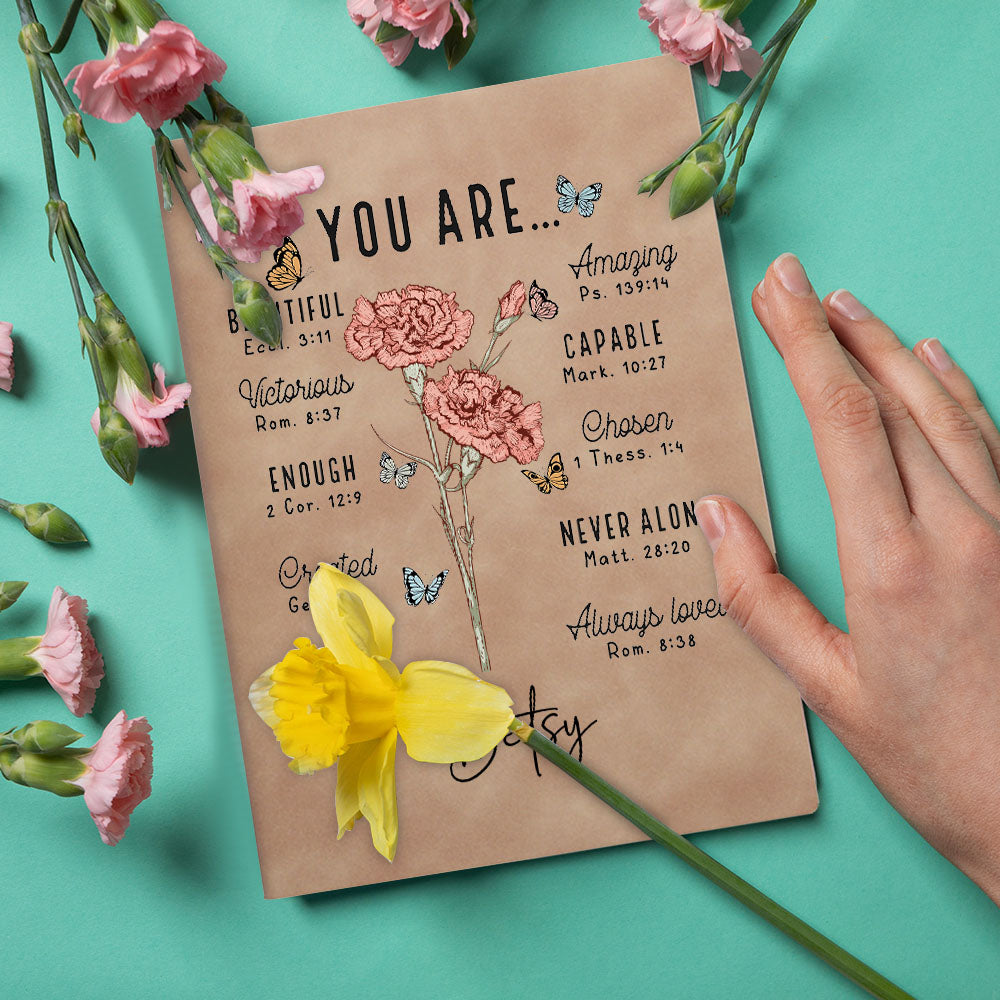 Personalizada Flor de Nacimiento Versículo de la Biblia A5 A6 Cuaderno de cuero forrado con nombre Bautizo Cumpleaños Regalo para Mujeres Cristianas