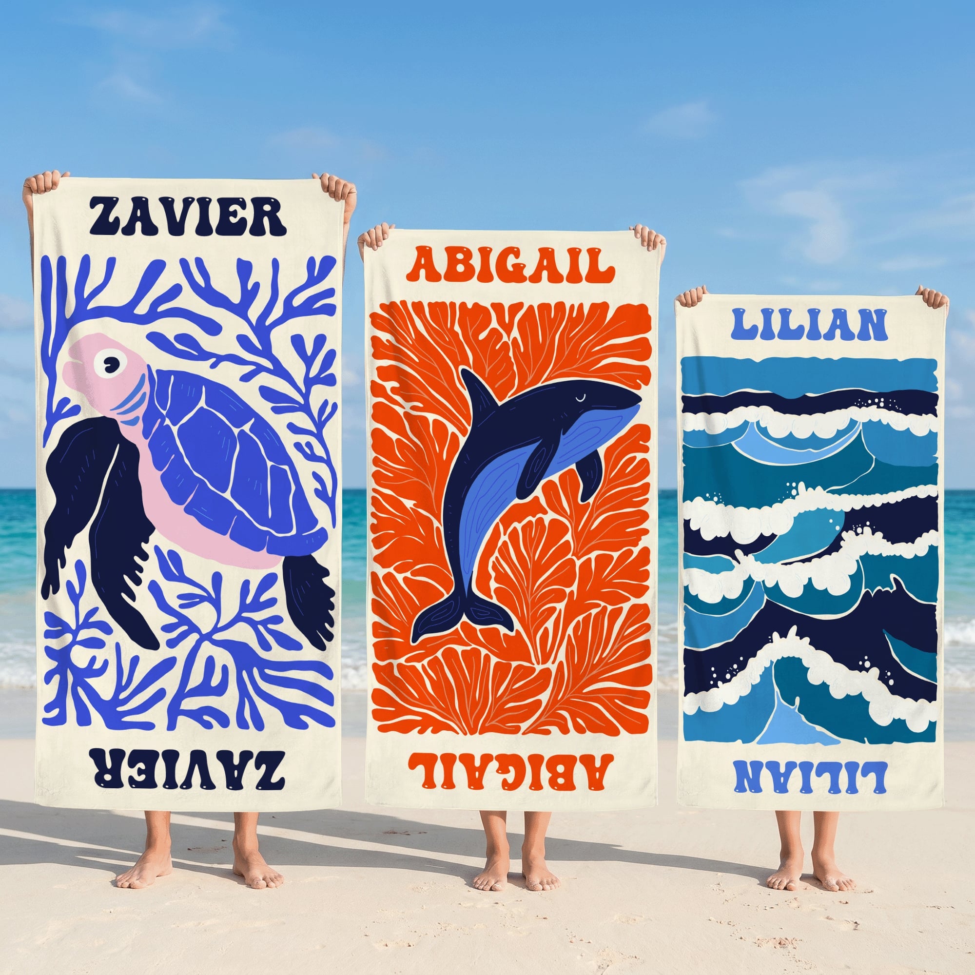 Toalla de playa personalizada con el nombre de un pez marino, ilustración artística, de gran tamaño y secado rápido, ideal para las vacaciones de verano y los viajes Regalo de cumpleaños para amigos