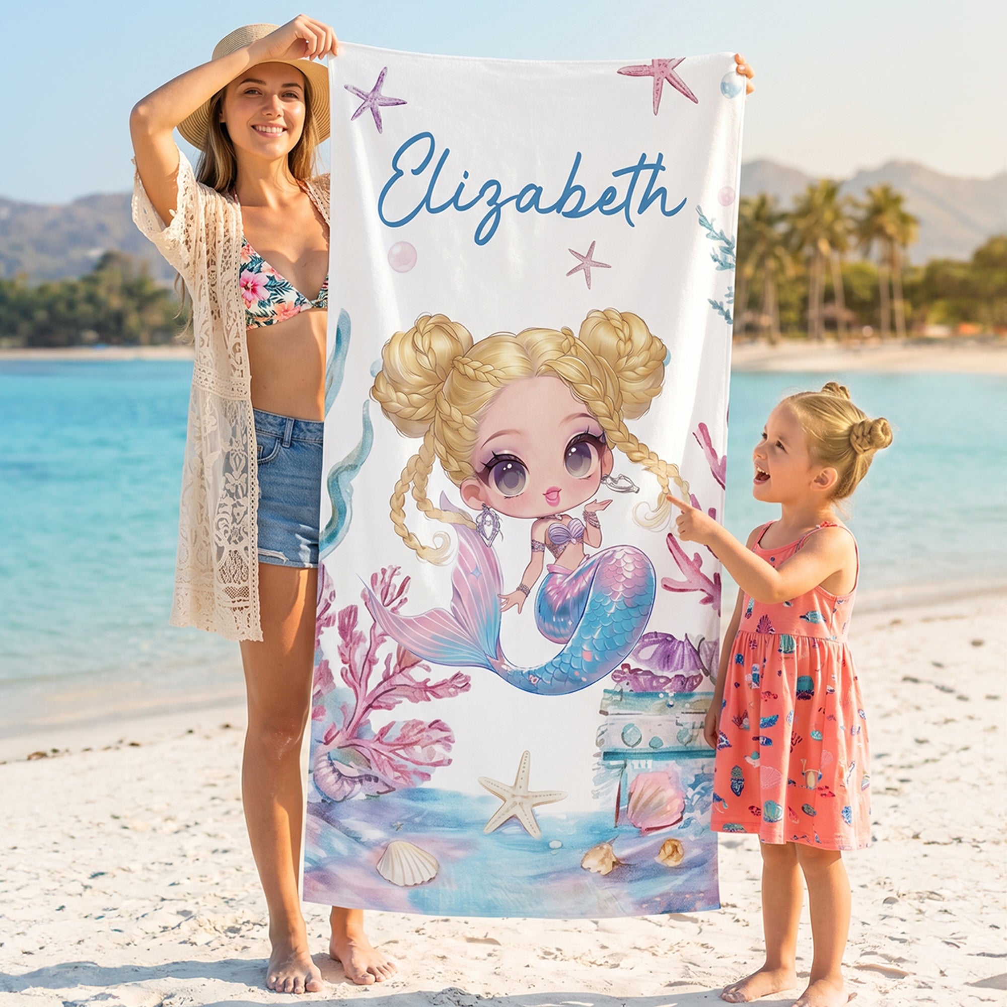Toalla de playa personalizada de sirena de secado rápido y gran tamaño con nombre Vacaciones en la playa Fiesta de cumpleaños Regalo para niñas Familia