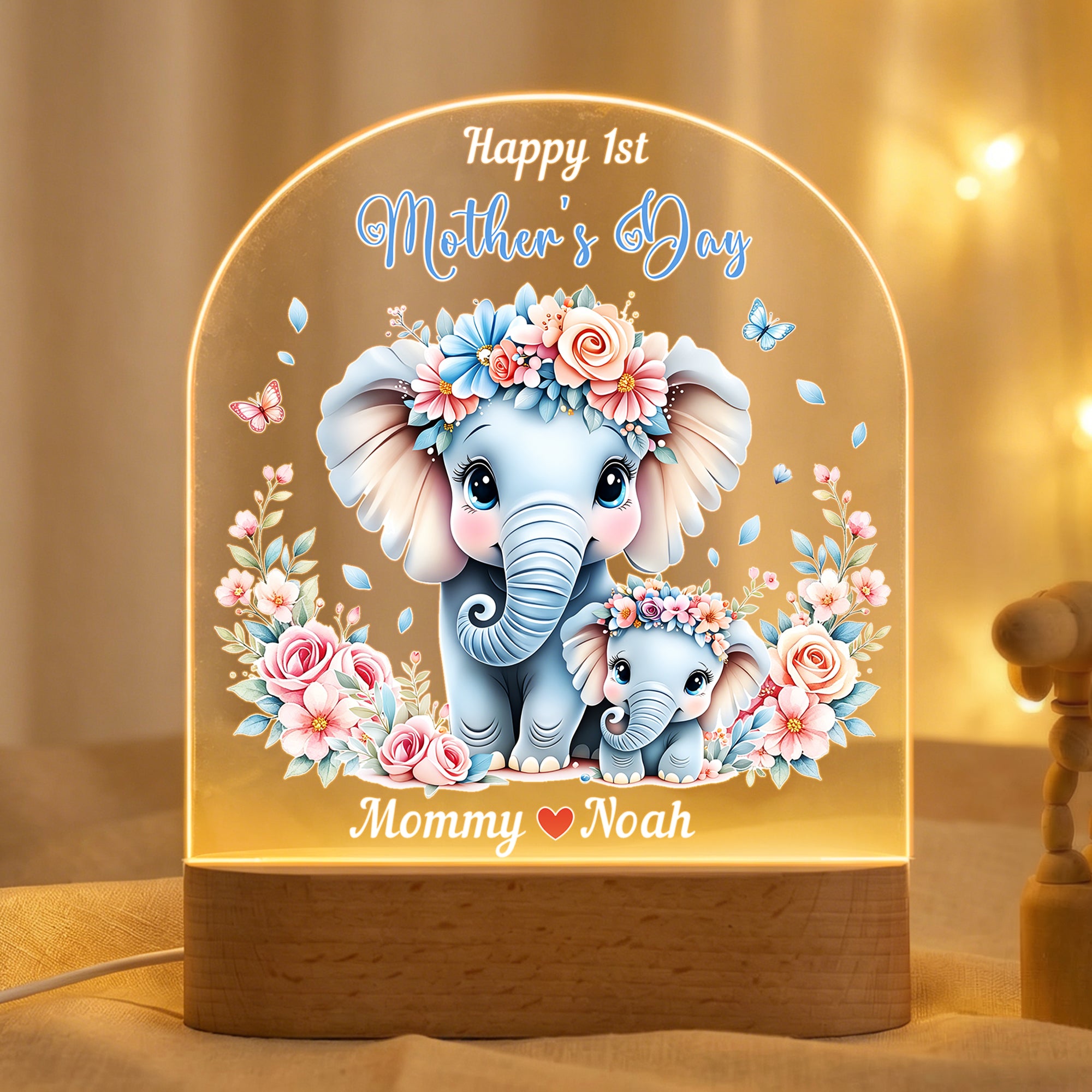 Lindo Elefante Floral Personalizado Mamá-Bebé Arco LED Luz de Noche con Nombre y Base de Madera Decoración del Hogar 1er Regalo del Día de la Madre para Mamá Bebé