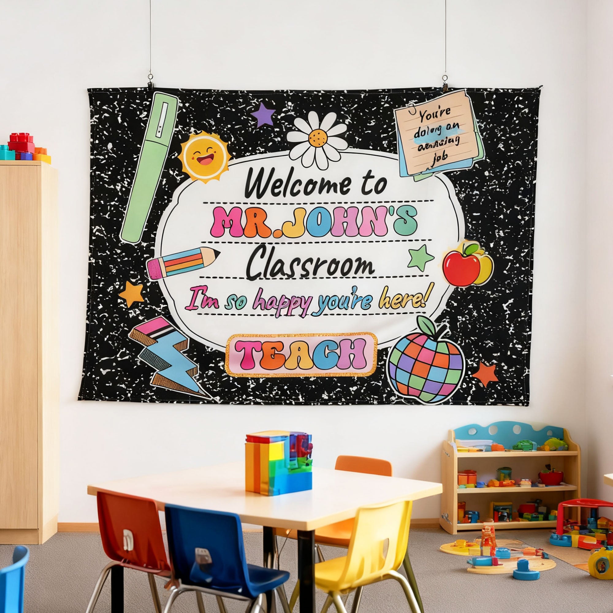 Tapiz personalizado multicolor Daisy Pencil Teacher Theme con texto Classroom Decor Regalo de vuelta al cole para profesores