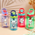 Botella de agua para niños de 16 oz con pajita de silicona y asa Personalizada con el nombre de un simpático animalito sonriente Regalo de cumpleaños de vuelta al cole para niños Niñas