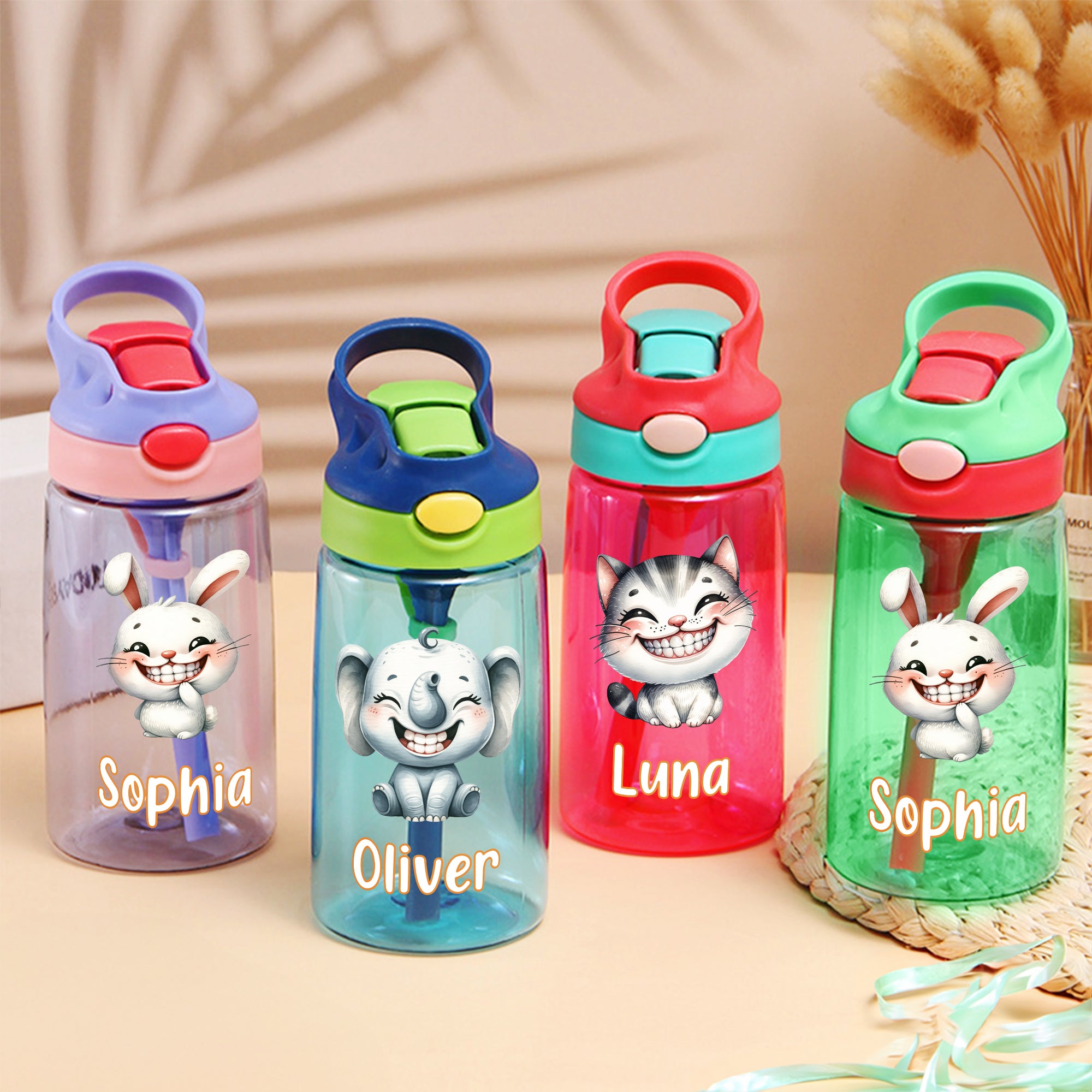 Botella de agua para niños de 16 oz con pajita de silicona y asa Personalizada con el nombre de un simpático animalito sonriente Regalo de cumpleaños de vuelta al cole para niños Niñas