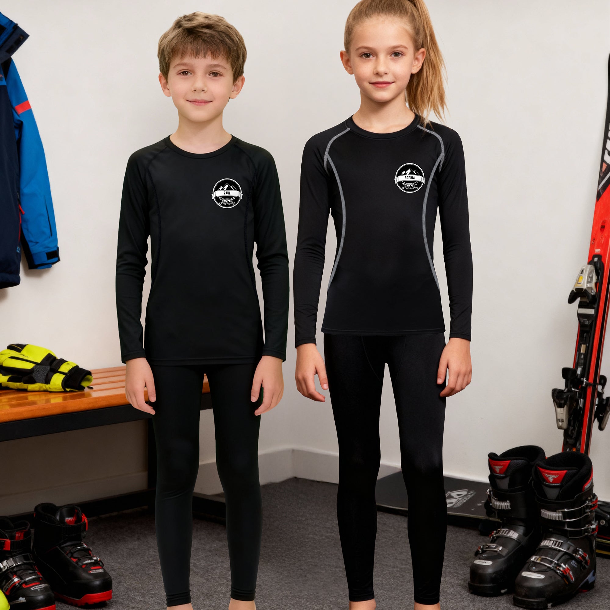 Traje interior térmico funcional con nombre personalizado para niños y niñas con tema deportivo de hockey sobre hielo y esquí.