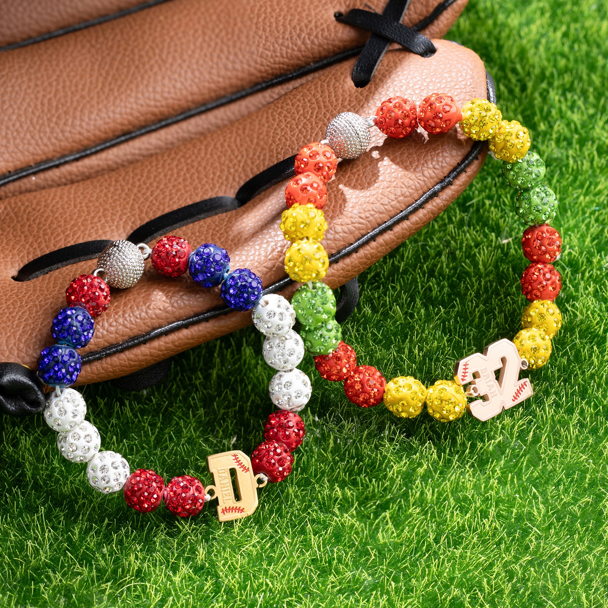 Personalizada de béisbol número inicial de diamantes de imitación de cuentas pulsera con nombre y texto Día del Juego Cumpleaños Equipo de regalo para el jugador de béisbol amante