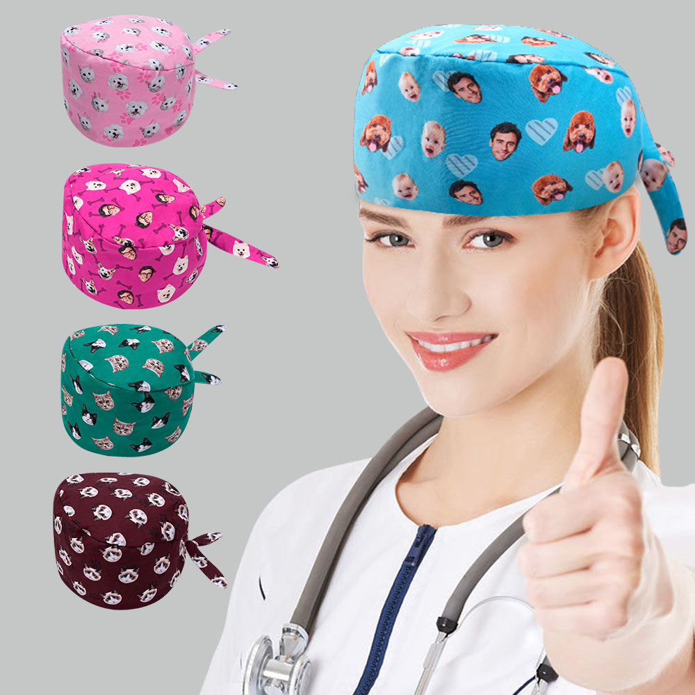 Personalizado Multicolor Hueso Pata Corazón Cara Fotos Ajustable Tieback Scrub Cap Agradecimiento Cumpleaños Regalo para Enfermera Médico Veterinario