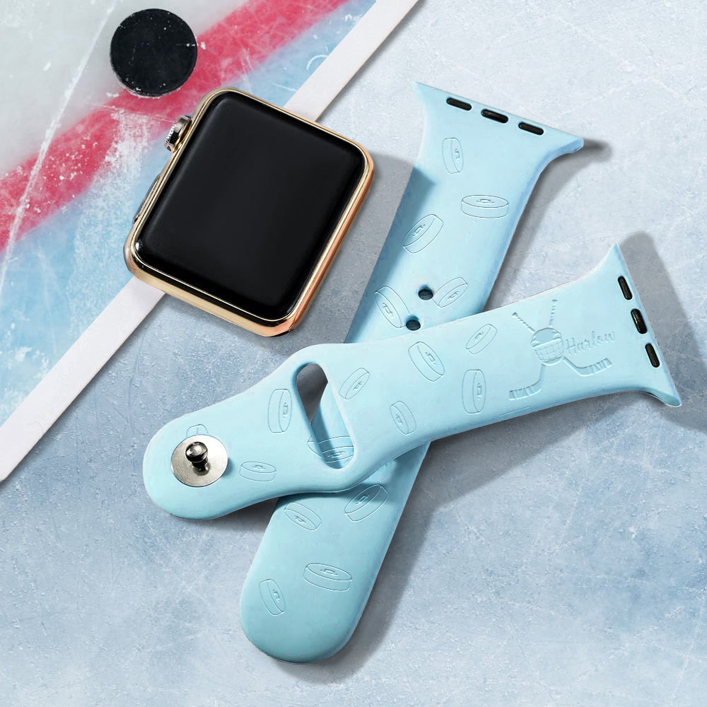 Hockey sobre hielo personalizado Multicolor de silicona Correa de reloj para Apple con nombre Cumpleaños Acción de Gracias Regalo para los amantes del hockey sobre hielo Compañero de equipo Entrenador