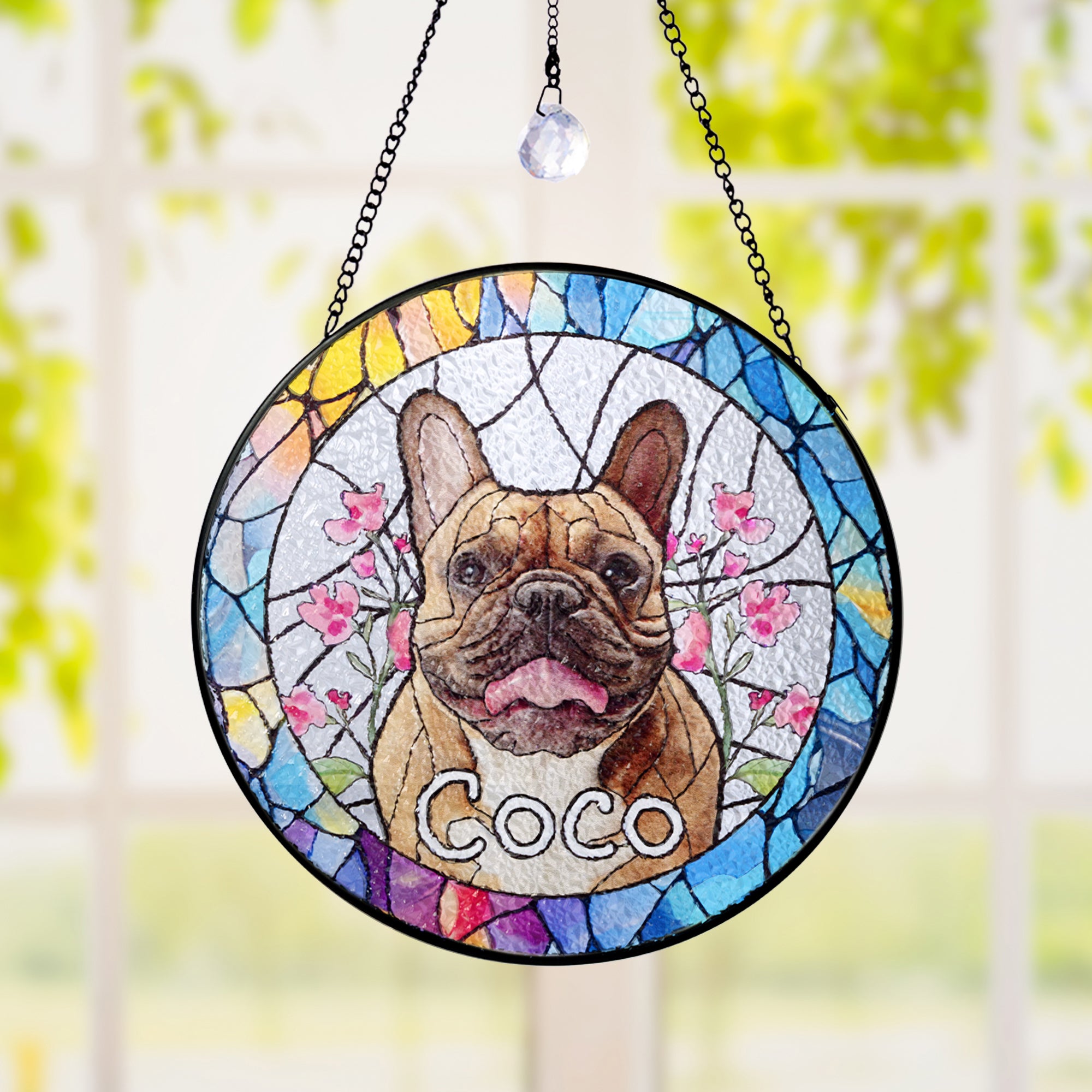 Personalizado Vidriera Estilo Pet Retrato Foto Suncatcher Ornamento con Nombre Ventana Balcón Memorial Colgar Decoración Cumpleaños Regalo para Pet Lovers