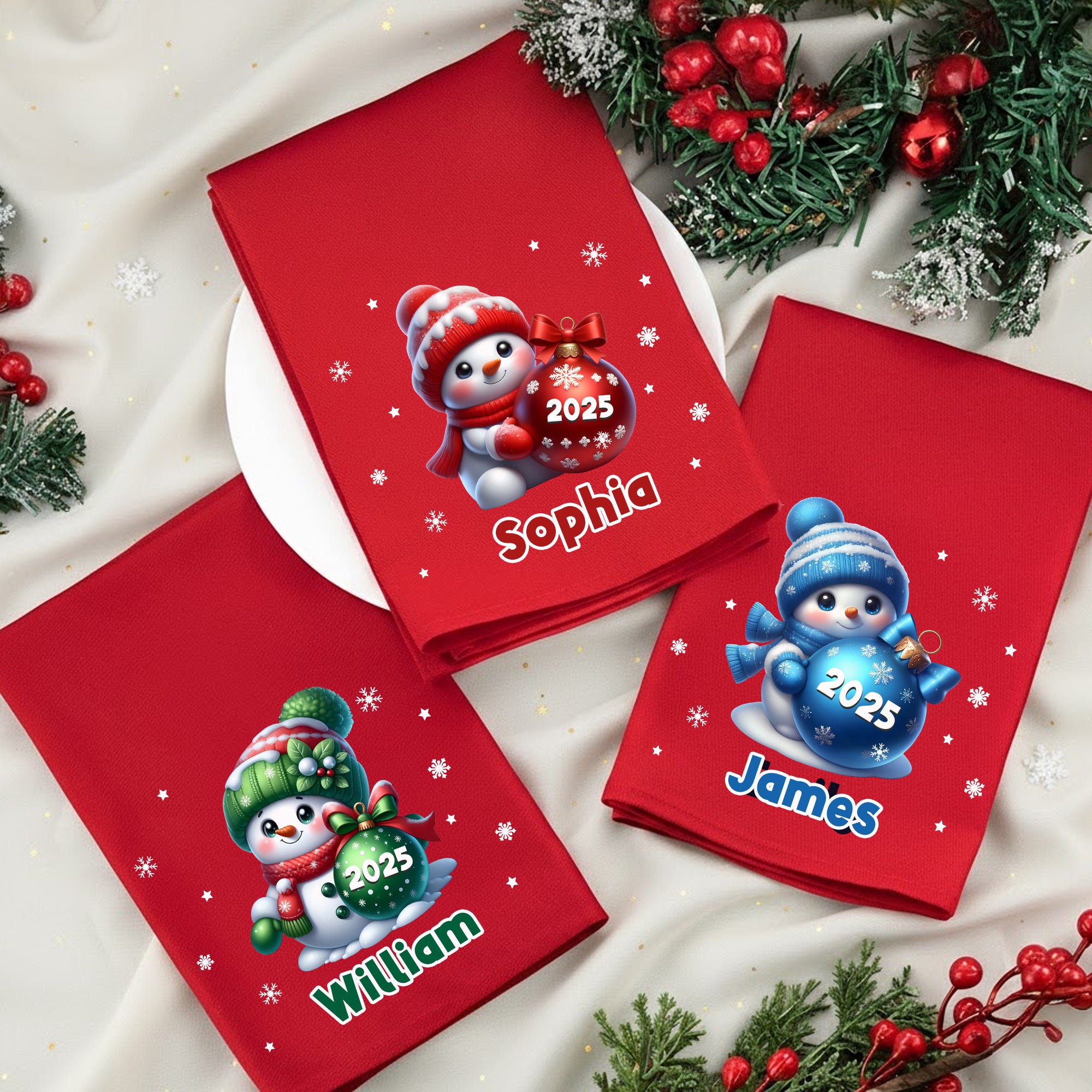 Servilleta de mesa reutilizable 100% algodón personalizada con nombre y año Muñeco de nieve navideño Decoración de mesa Regalo de Navidad para familia amigos