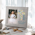 Personalizada Floral Cruz versículo de la Biblia PU Marco de fotos de cuero con el nombre de texto y fecha de bautismo Primera Comunión de regalo para los cristianos