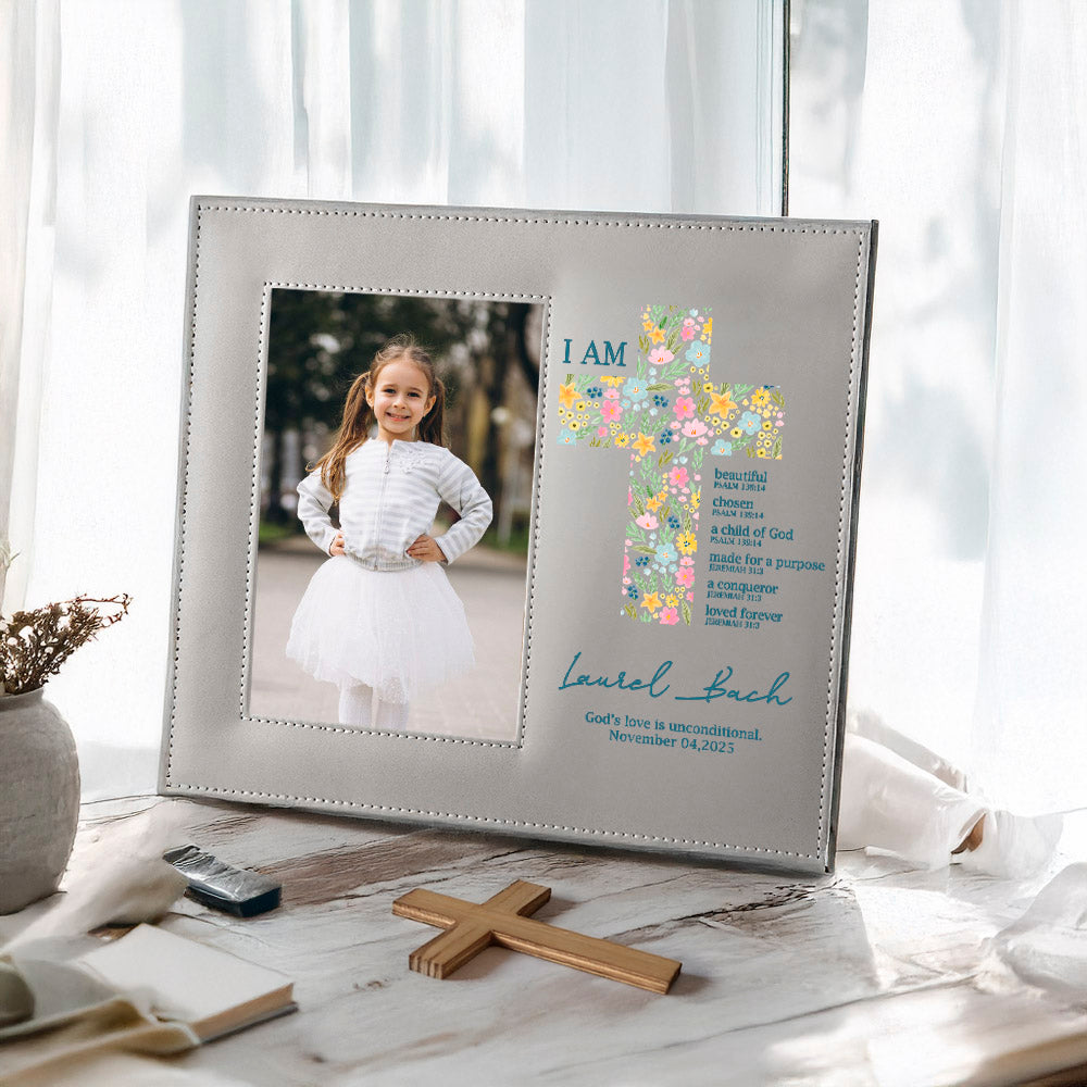 Personalizada Floral Cruz versículo de la Biblia PU Marco de fotos de cuero con el nombre de texto y fecha de bautismo Primera Comunión de regalo para los cristianos