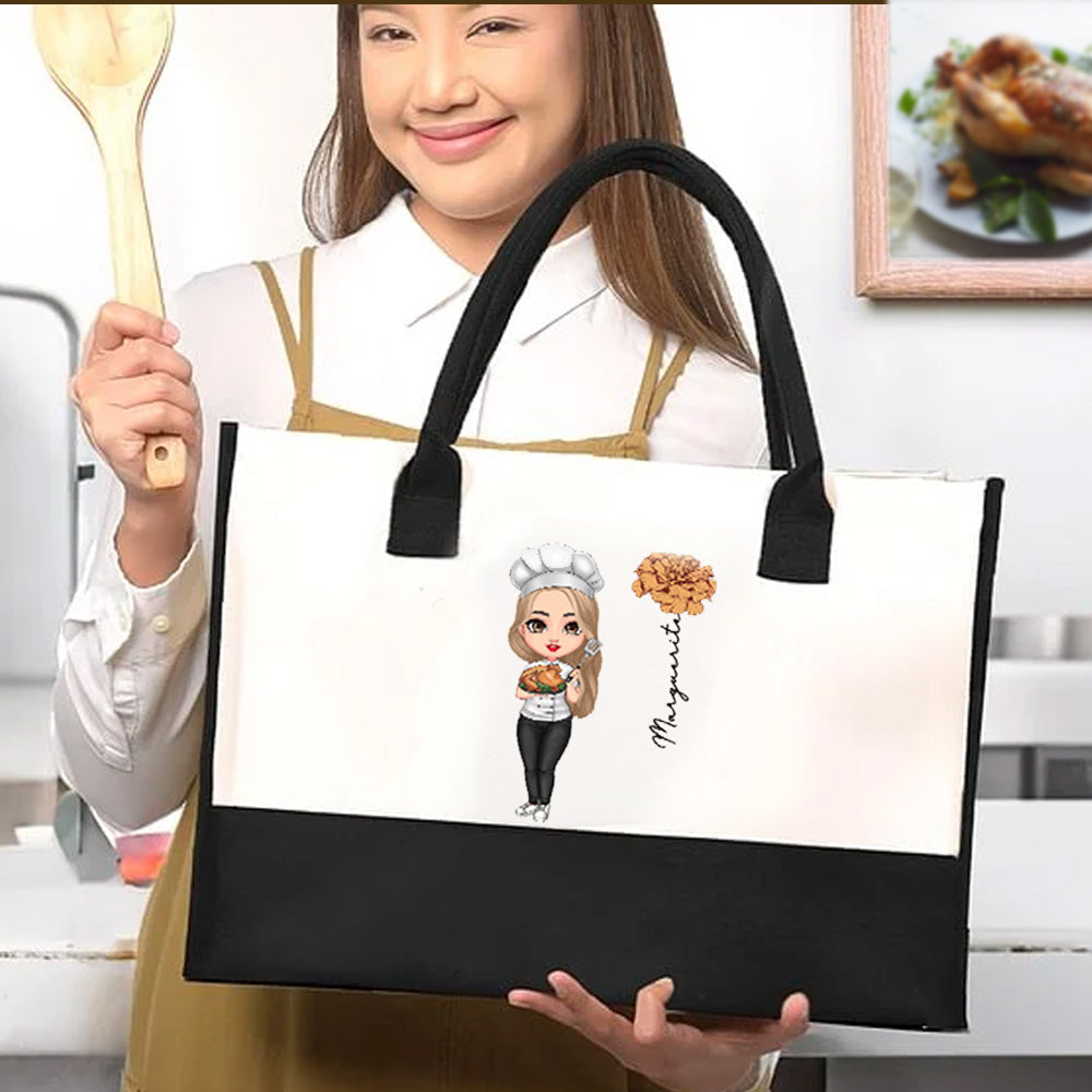 Personalizado de dibujos animados de cocina Mamá Nacimiento Flor de comestibles Compras Bolsa de lona con nombre Día de la Madre Cumpleaños Regalo para mamá abuela amante de la cocina