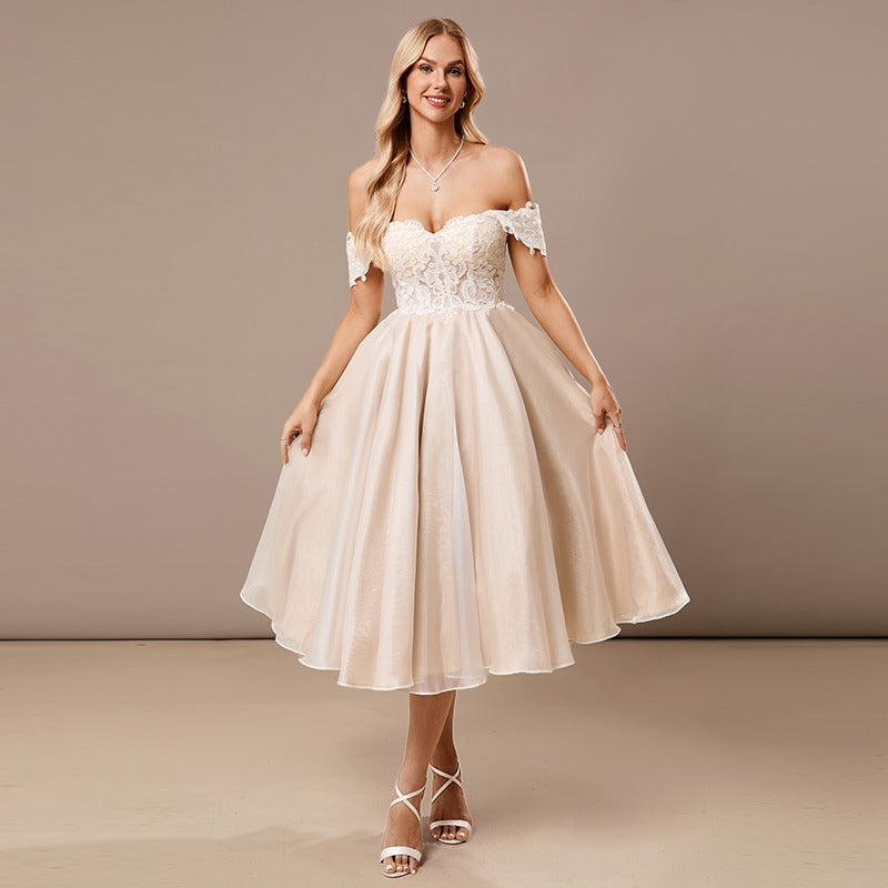 Bridal Wedding Dress Ivory-Champagne Sleeveless Short Off the Shoulder A-line