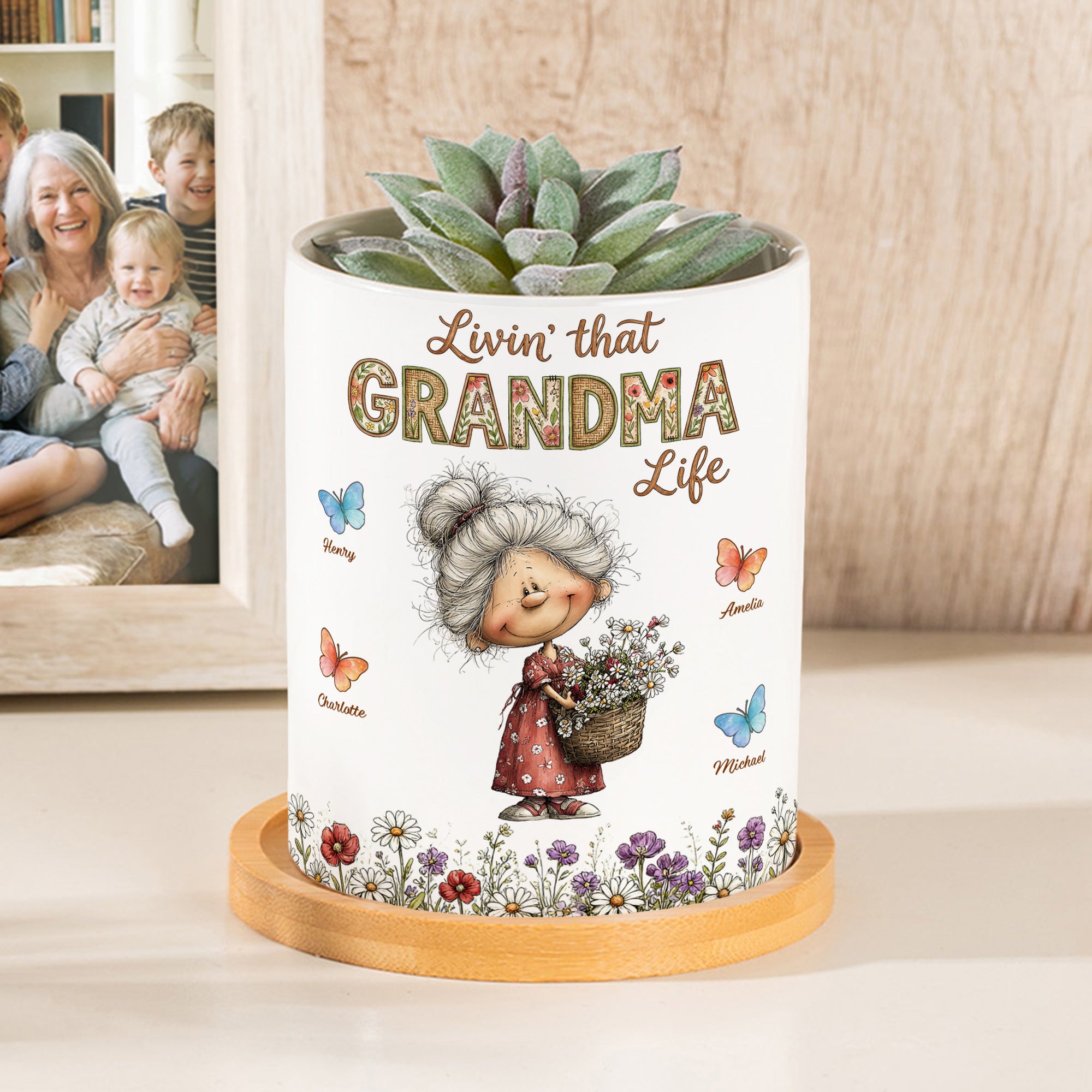 Maceta de Cerámica con Nombre y Bandeja de Bambú Personalizada Abuela Personaje de Caricatura Mariposa Decoración del Hogar Regalo del Día de la Madre para Mamá Abuela