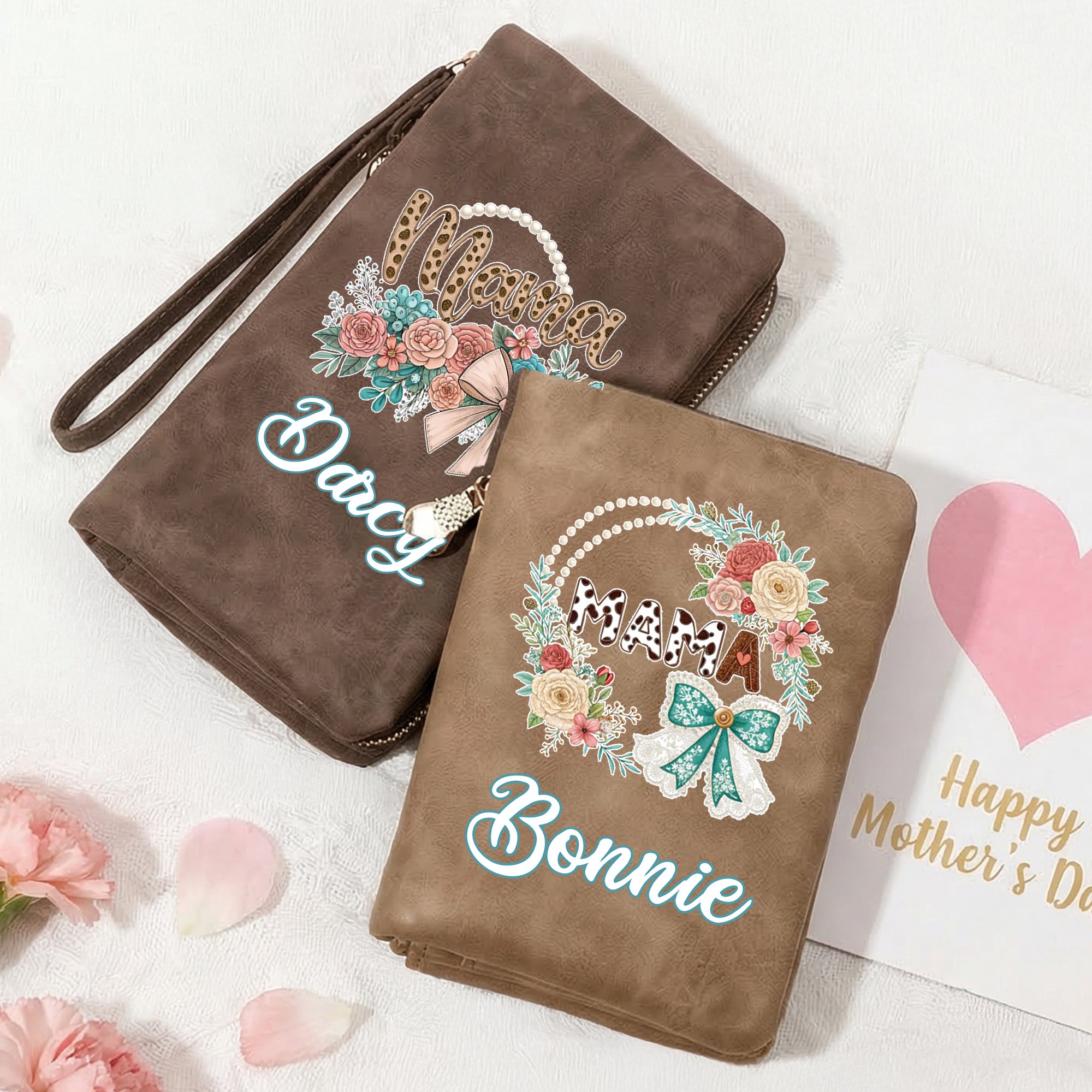 Personalizado Mama Bow Flower PU Cartera de cuero con nombre y Wristlet Día de la Madre de regalo de cumpleaños para las mujeres