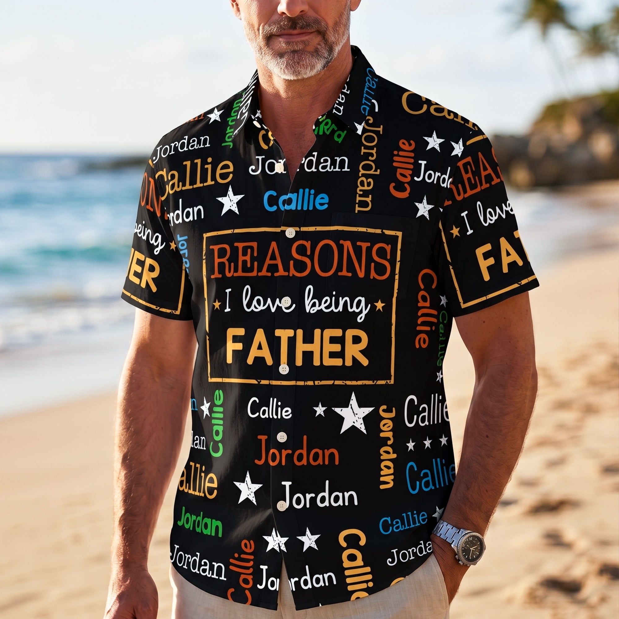 Personalizada Multicolor Nube de Palabras Camisa Hawaiana con 1-8 Nombres y Título Cumpleaños Día del Padre Regalo para el Padre Familia Amigo
