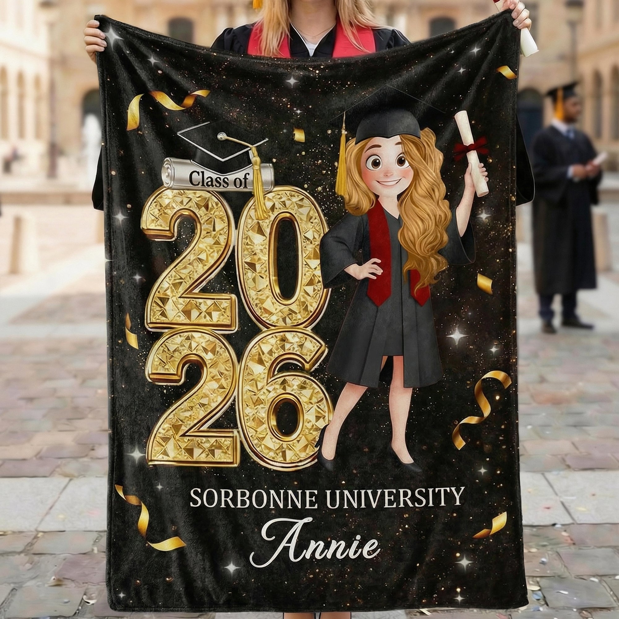 Manta de Graduación Personalizada de Dibujos Animados con el Año y el Nombre Regalo de Graduación para Graduados