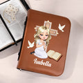 Personalizado Cartoon Prayer Character Cross PU Leather Bible Book Cover with Zipper and Carry Handle Baptism Religious Day Gift for Christians Women