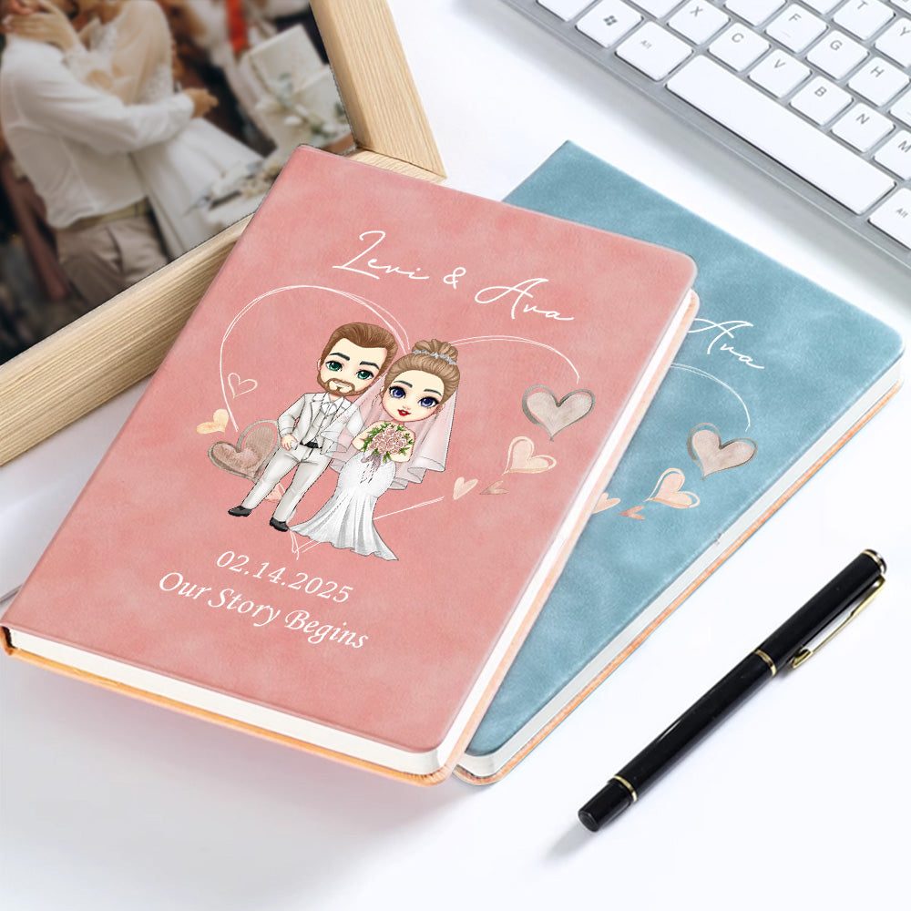 Novios personalizados de dibujos animados Nuestra historia comienza Cuaderno de amor de cuero A5 con nombre Fecha de boda Aniversario Regalo para recién casados Pareja