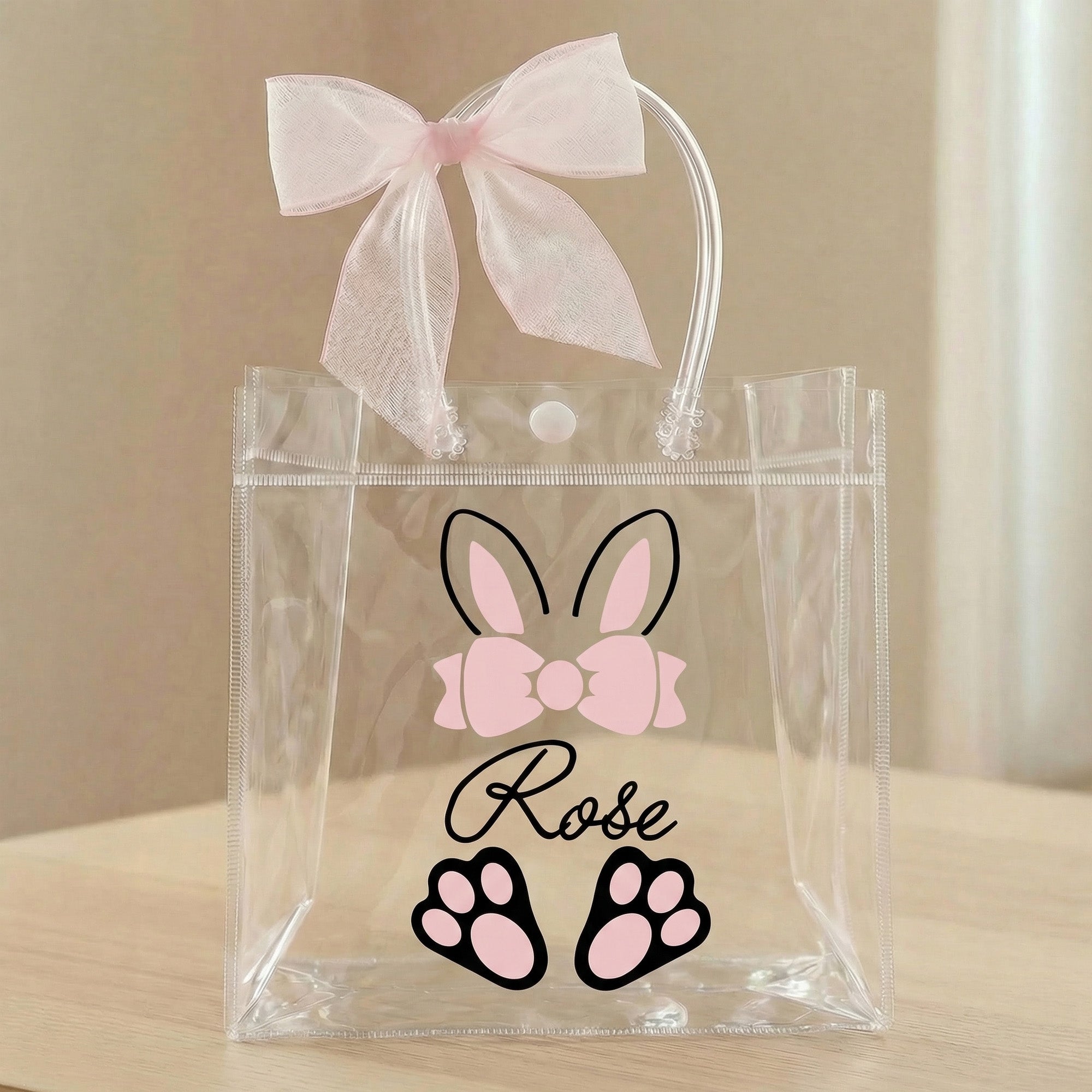 Lazo rosa personalizado Orejas de conejo Bolsa transparente con nombre Huevos de caza Fiesta Favor Easter Gift for Boys Girls