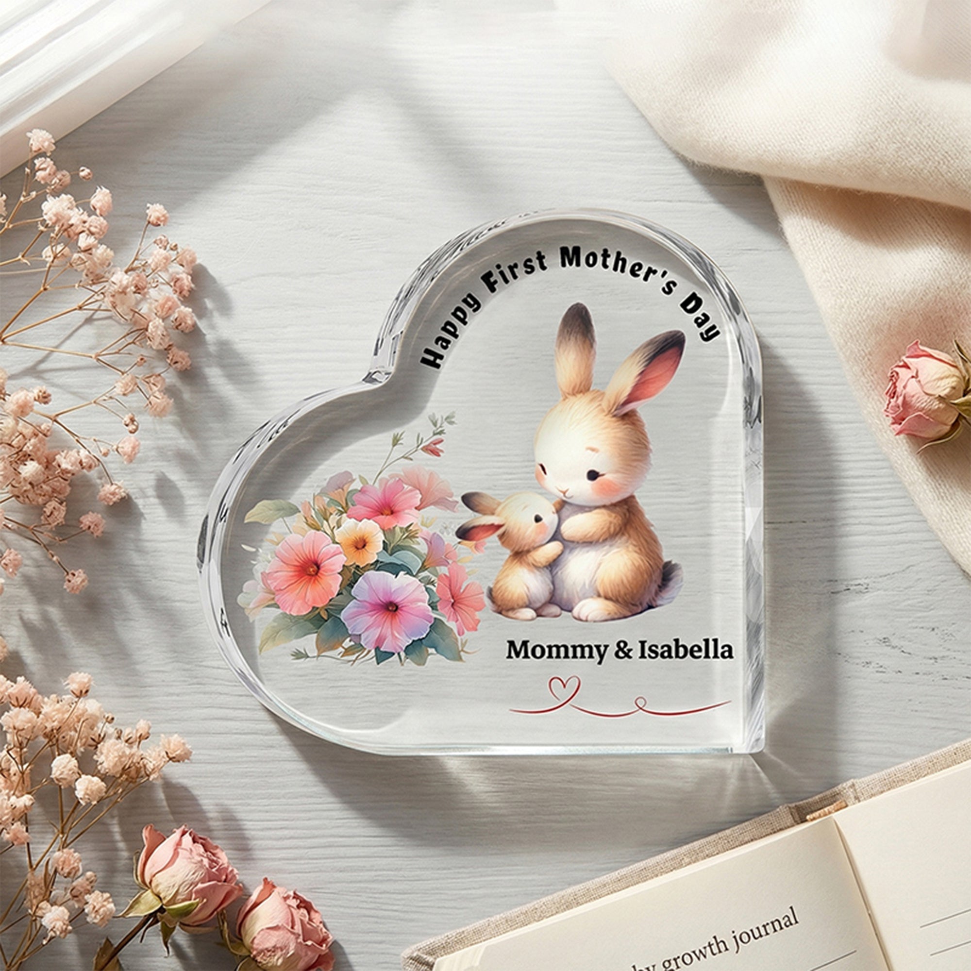 Placa acrílica personalizada en forma de corazón con el nombre de un animal de dibujos animados Decoración del hogar Regalo del Día de la Madre para la abuela y la madre