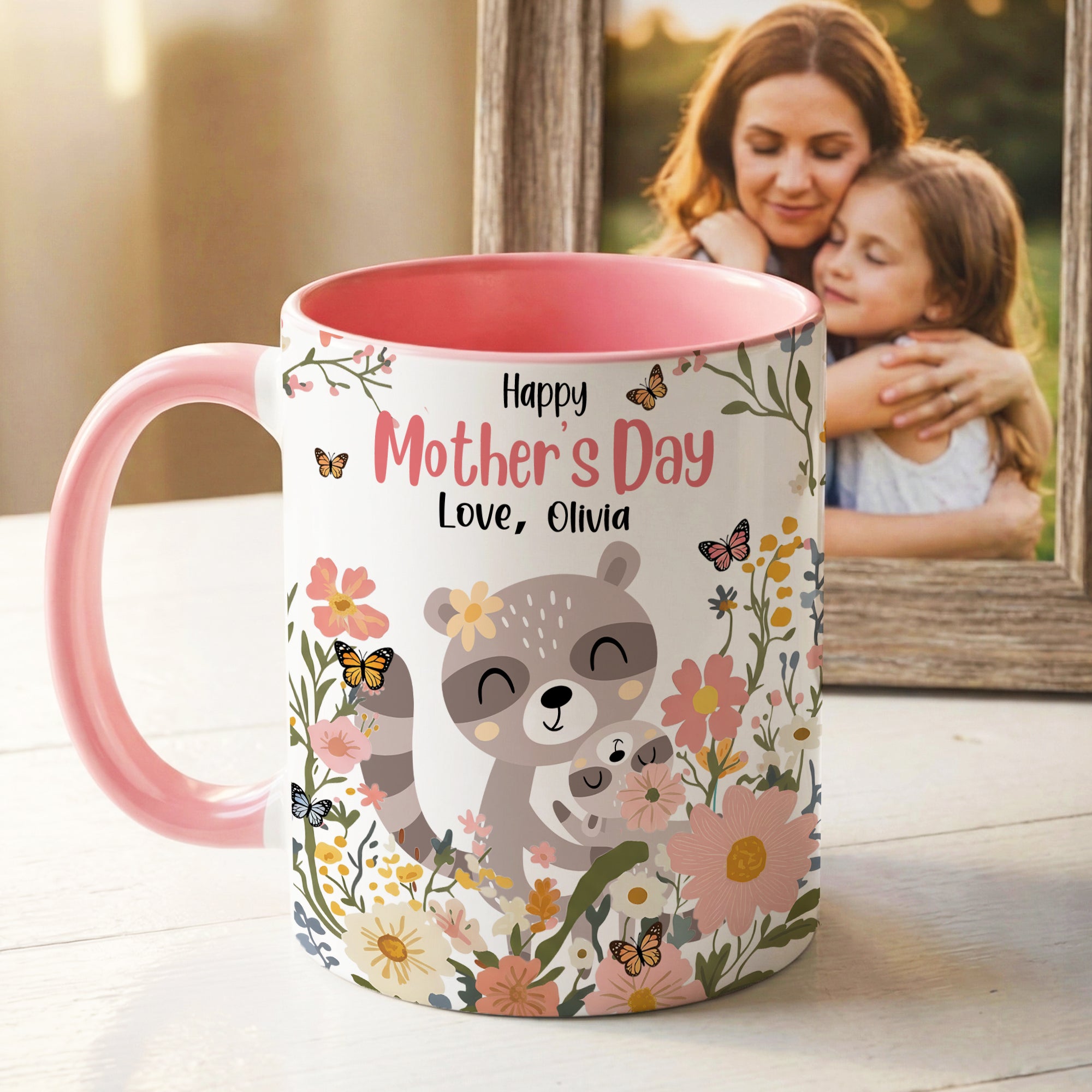Personalizado colorido animal de dibujos animados de diseño floral 11 oz 15 oz Taza de cerámica con nombre Día de la Madre Regalo para Mamá Mujer