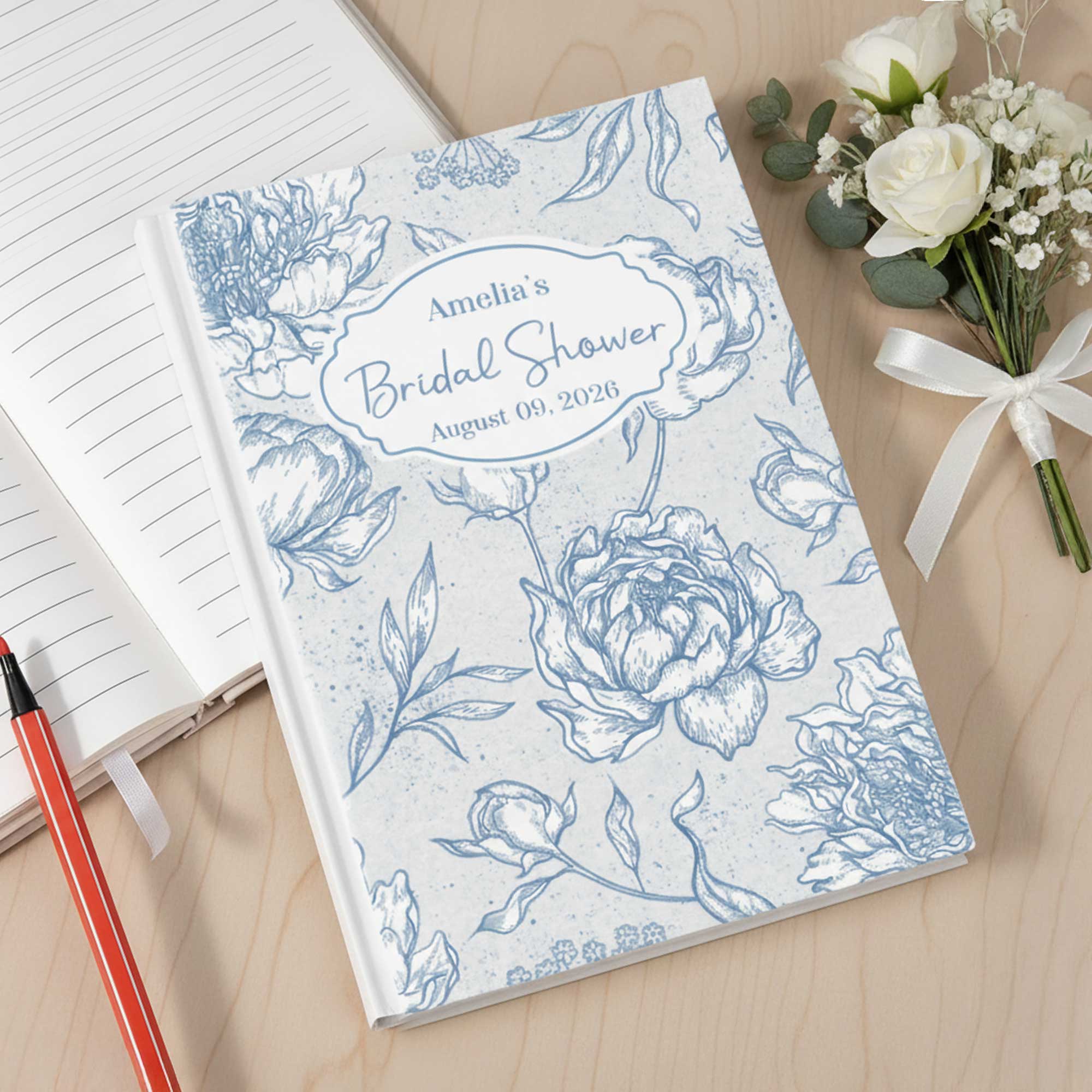Personalizado Algo Azul Vintage Floral A5 cuaderno con nombre Fecha y 200 páginas rayadas Bridal Shower Wedding Gift for Bride
