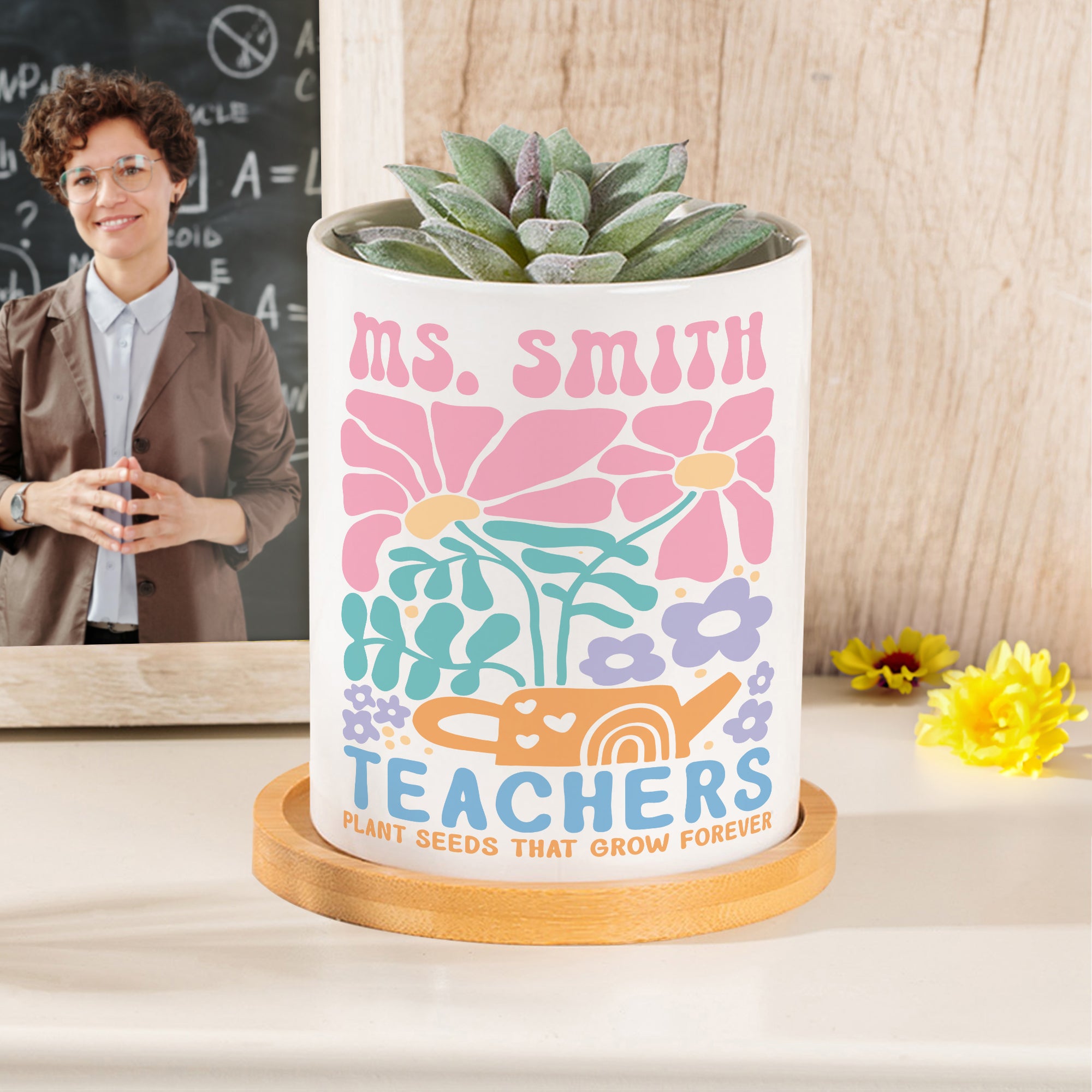 Maceta de cerámica con diseño floral personalizado, texto y base de bambú Decoración para el hogar Día del profesor Regalo de vuelta al cole para el profesor