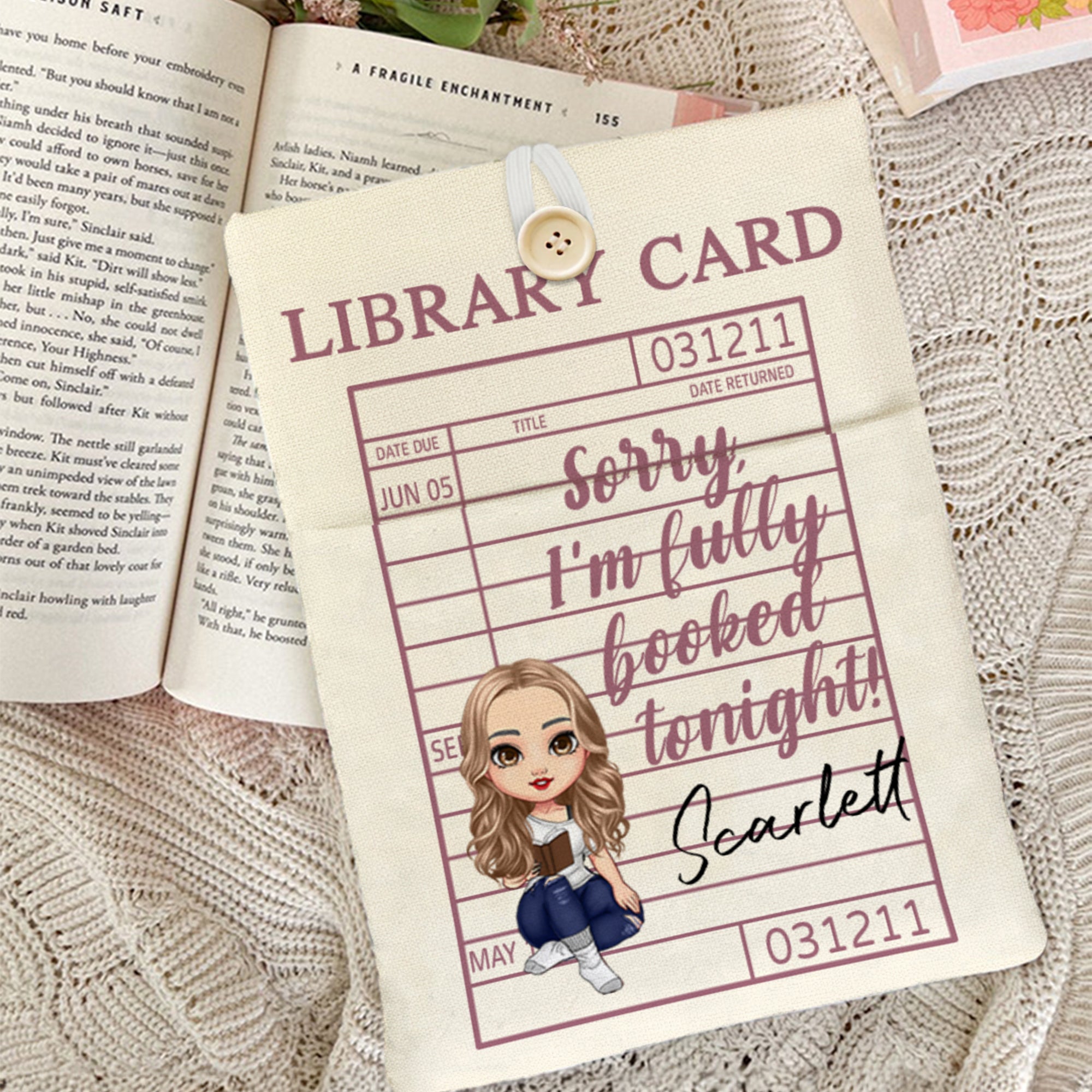 Carnet de biblioteca personalizado Caricatura de personaje Protector de funda de libro con bolsillo delantero y nombre Club de lectura Regalo de cumpleaños para ratones de biblioteca