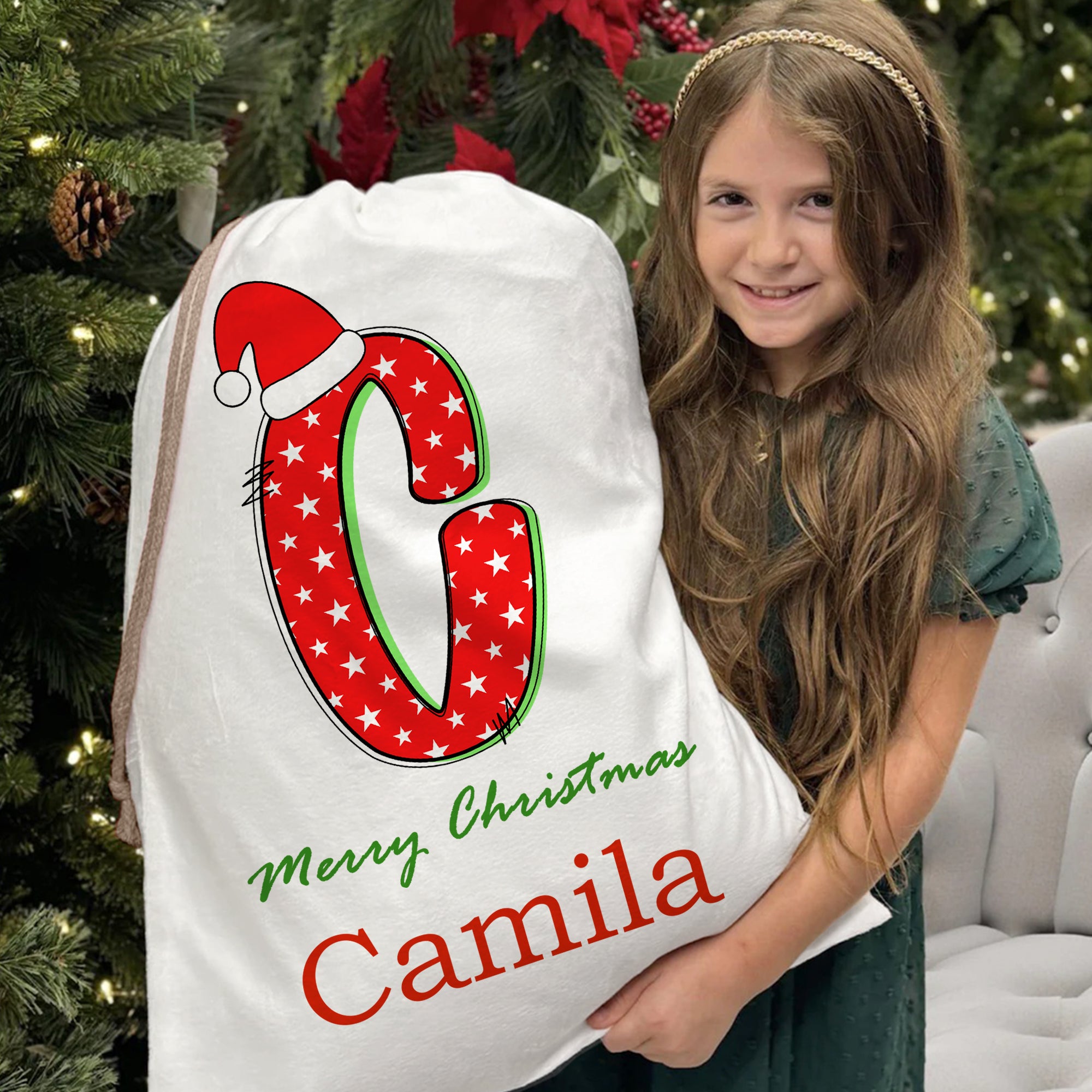 Gorro de Papá Noel personalizado Lunares Estrellas Rayas Iniciales Bolsa de regalo de cordón con nombre Feliz Nochebuena Fiesta de Regalos para Niñas Niños