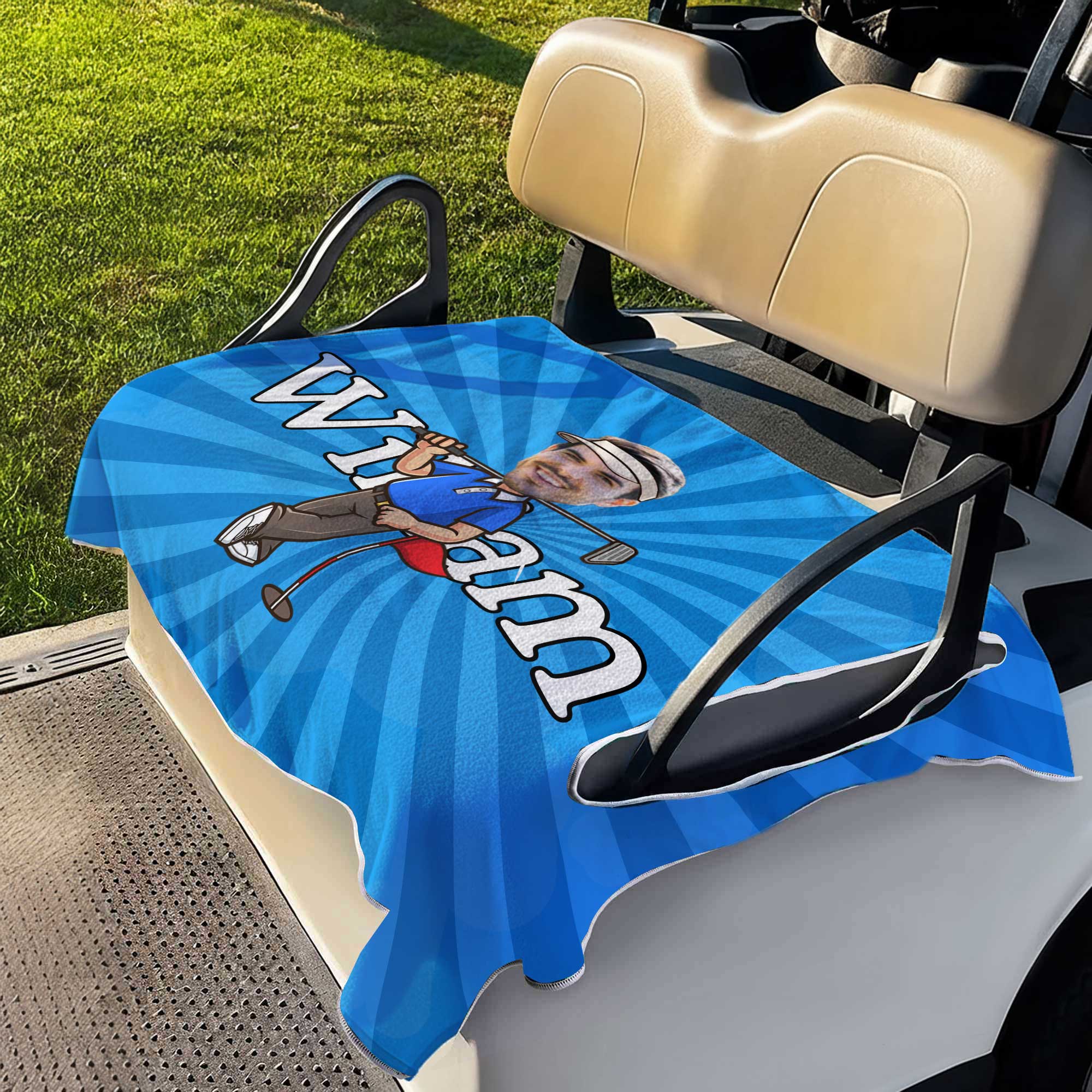 Funda de asiento de carrito de golf transpirable personalizada con foto de personaje de dibujos animados y nombre del equipo del club Regalo de cumpleaños para los amantes de los jugadores de golf