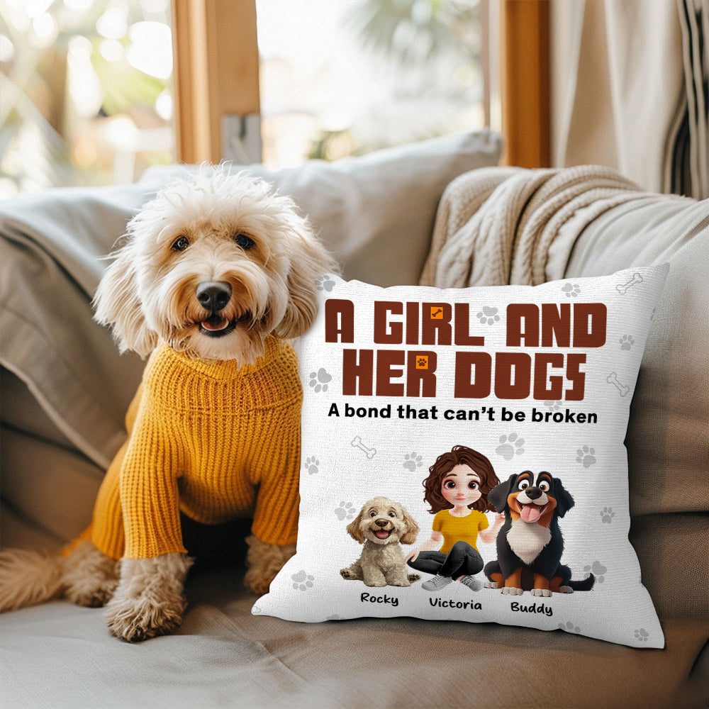Funda de cojín personalizada de dibujos animados en 3D de una niña y sus perros con 1-5 nombres Regalo de inauguración de la casa para dueños de perros en cumpleaños