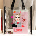 Bolsa personalizada grande y transparente con diseño de lápiz de labios y chica de moda con nombre regalo de cumpleaños para mujeres
