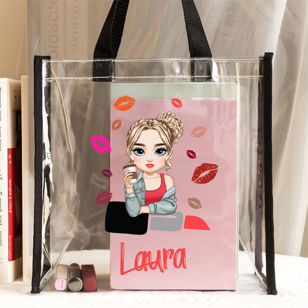 Bolsa personalizada grande y transparente con diseño de lápiz de labios y chica de moda con nombre regalo de cumpleaños para mujeres