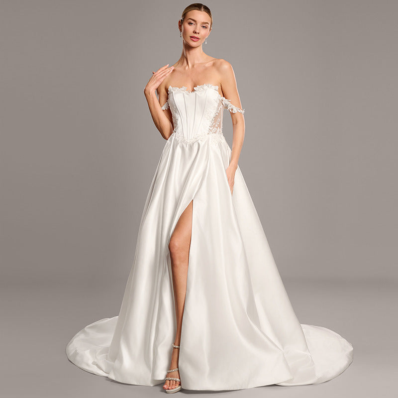 Bridal Wedding Dress Ivory Sleeveless Long Off the Shoulder A-line