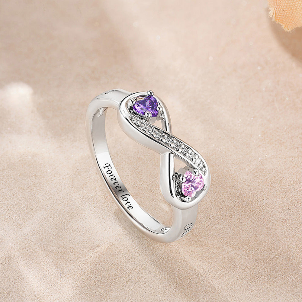 Personalizado Zircon Infinito Doble Corazón Birthstones Anillo con nombres grabados Día de San Valentín Aniversario Cumpleaños Regalo para las mujeres