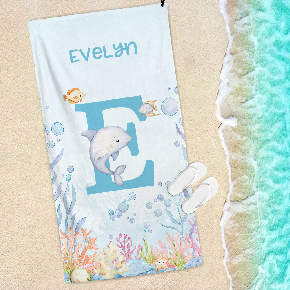 Toalla de playa de gran tamaño y secado rápido con nombre e inicial Personalizada con animales del mundo submarino Vacaciones de verano Regalo esencial de cumpleaños para niños