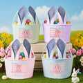 Cesta de Pascua personalizada Happy Easter Sequin Y2K Bunny Ears Stripe Easter Basket with Name Easter Day Eggs Hunting Gift for Kids
