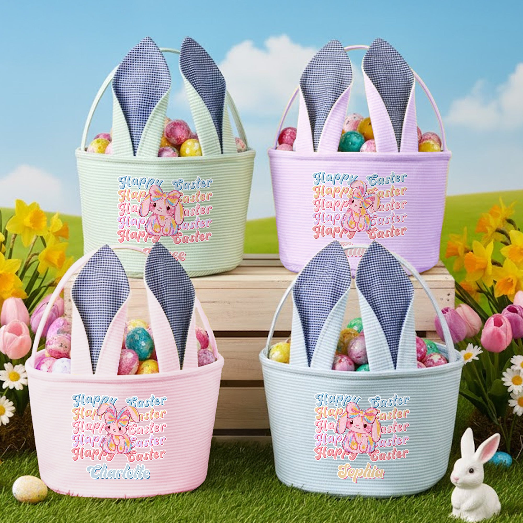 Cesta de Pascua personalizada Happy Easter Sequin Y2K Bunny Ears Stripe Easter Basket with Name Easter Day Eggs Hunting Gift for Kids