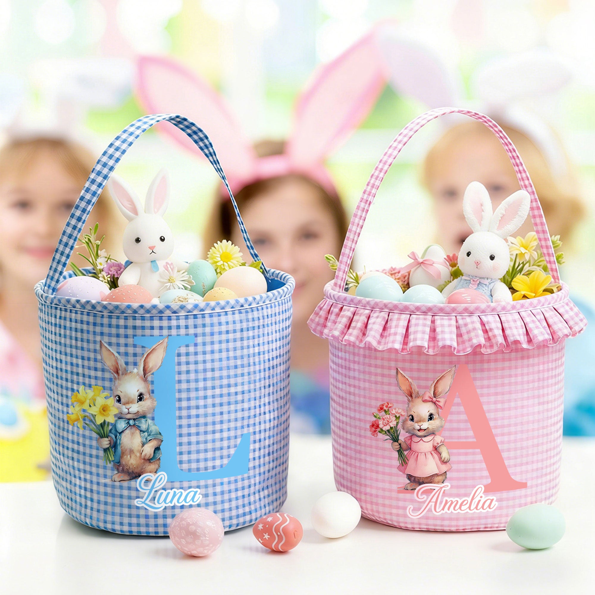 Personalizado lindo conejito de nacimiento de flores de tela escocesa cesta de Pascua con el nombre de Pascua Caza del Huevo de Pascua de Regalo para Niños Niñas