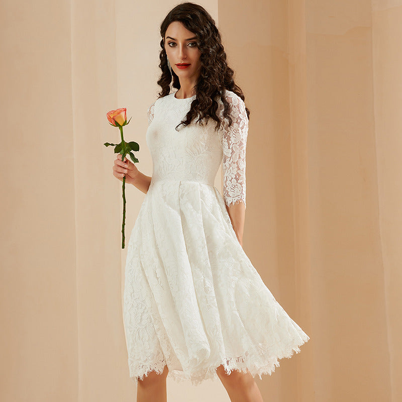 Bridal Wedding Dress Ivory 1 2 Sleeve Short Scoop A-line Lace